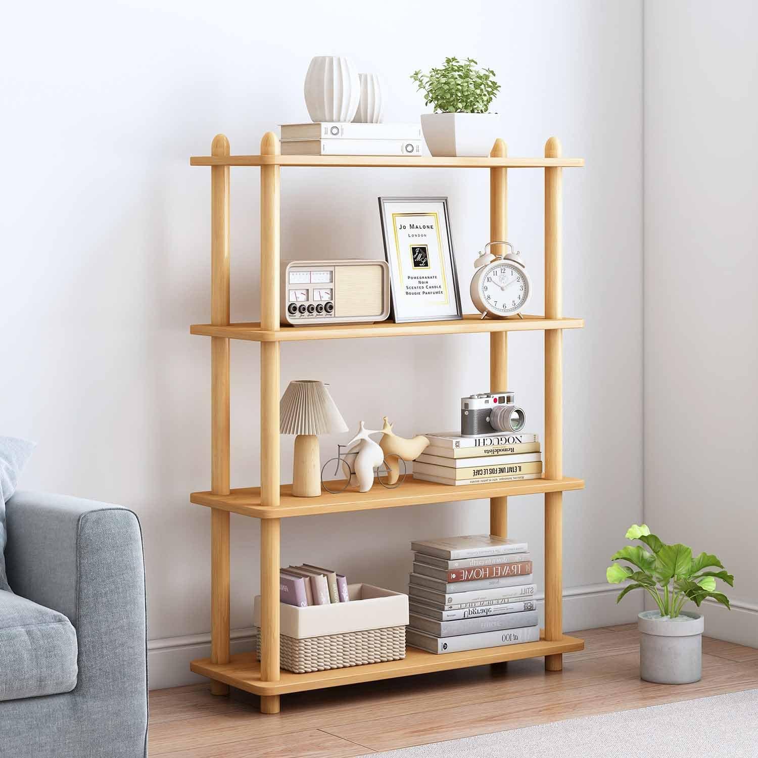 IOTXY 4-Tier Wooden Shelf Bookcase - Modern Open Bookshelf, Free Standing Storage Rack, Multifunctional Display Stand for Home and Office, Oak, Rectangle