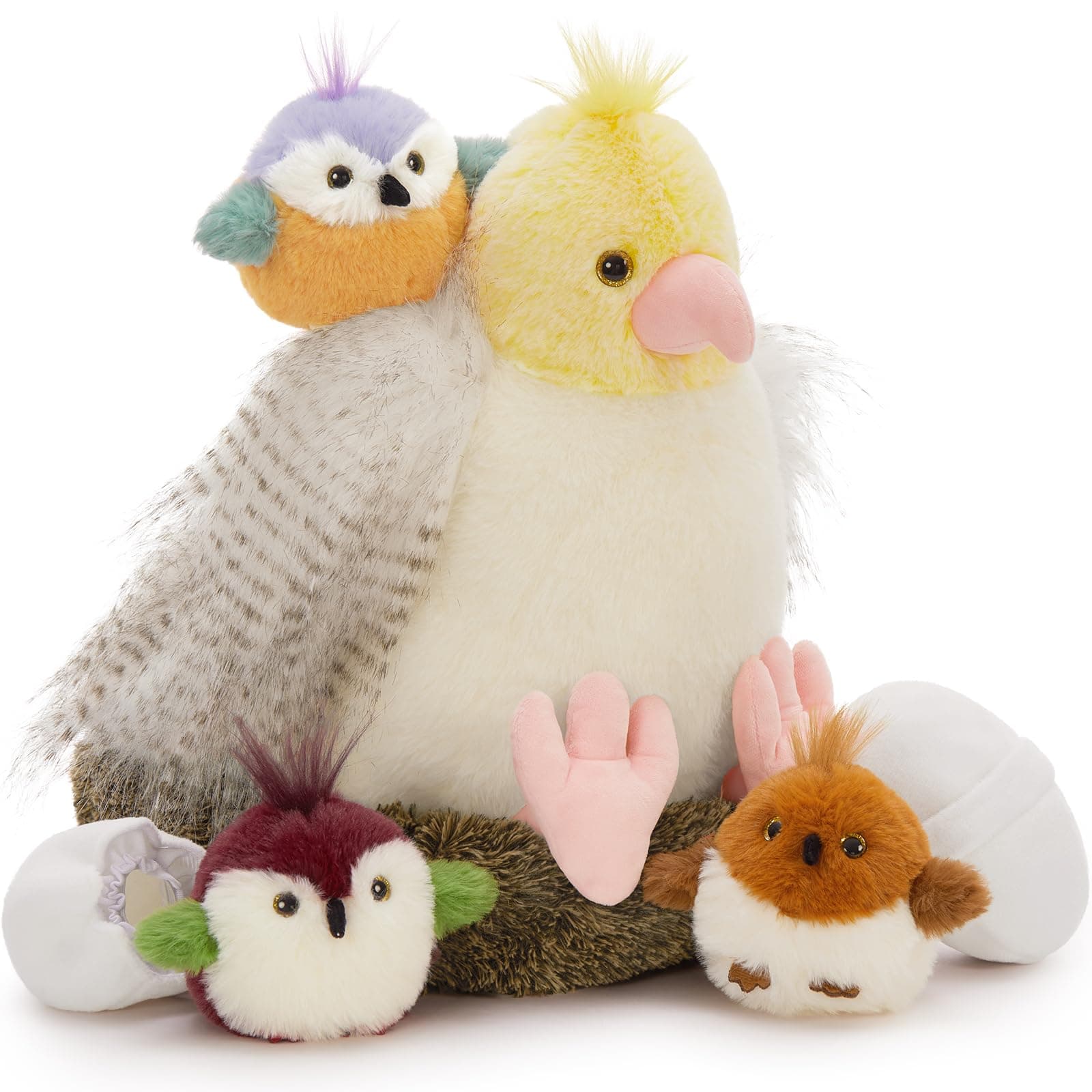 Muiteiur 7 Piece Bird Stuffed Animals, 14 in Parrot Plush Set with Nest, Cute Plush Bird Nest for Kids,Girls,Boys
