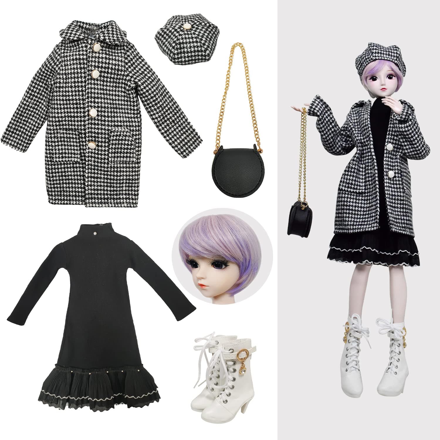 Proudoll 1/3 BJD Doll Outfit Set - Handcrafted Stylish Black & White Plaid Coat, Beret, Dress, Purple Wig, Leather Bag & Boots, Compatible with 1/3 60cm 24in SD Dolls