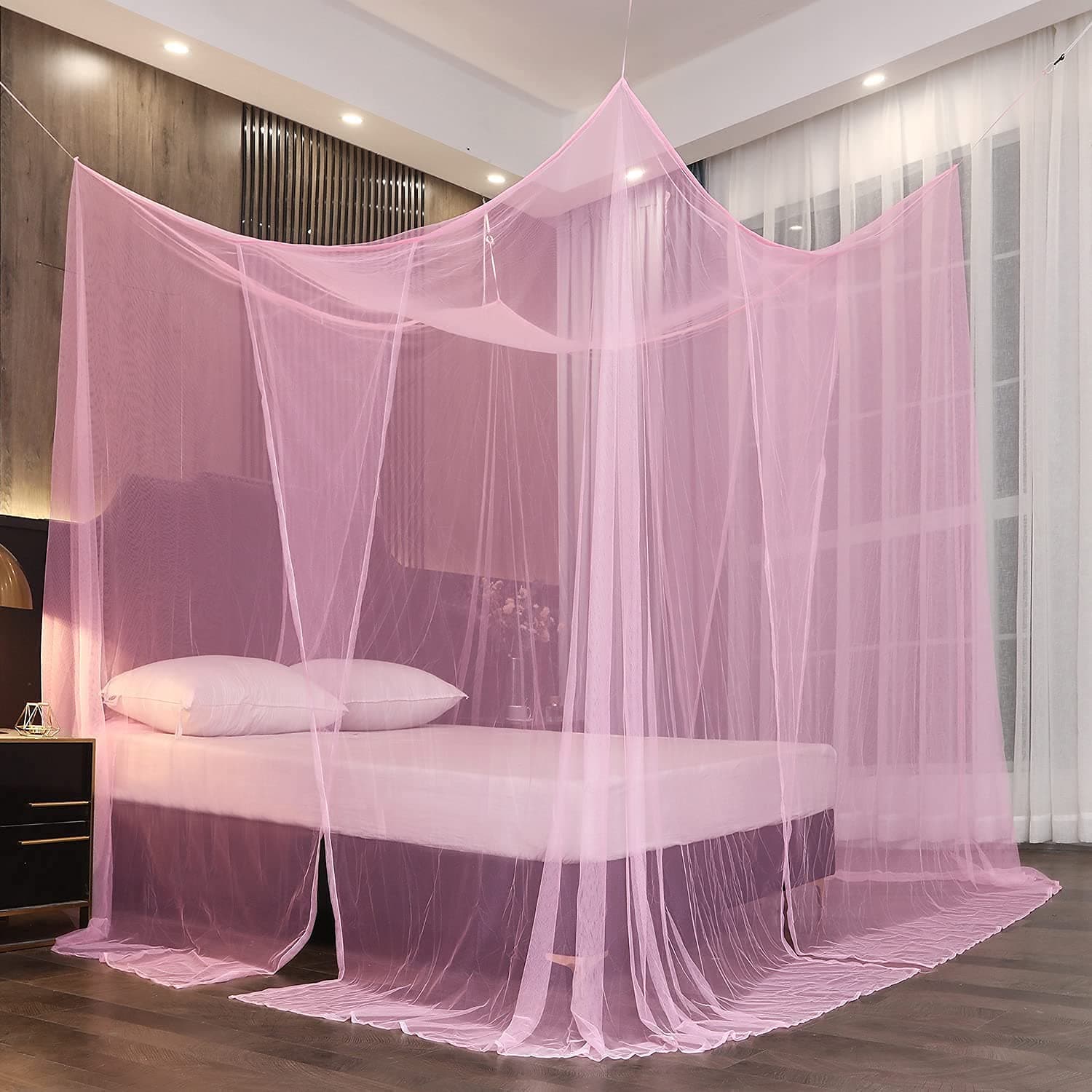 Mosquito Net for Double to King Size Bed - Anti-Insect Canopy for Indoor/Outdoor, Bedroom, Travel, Camping (Pink)