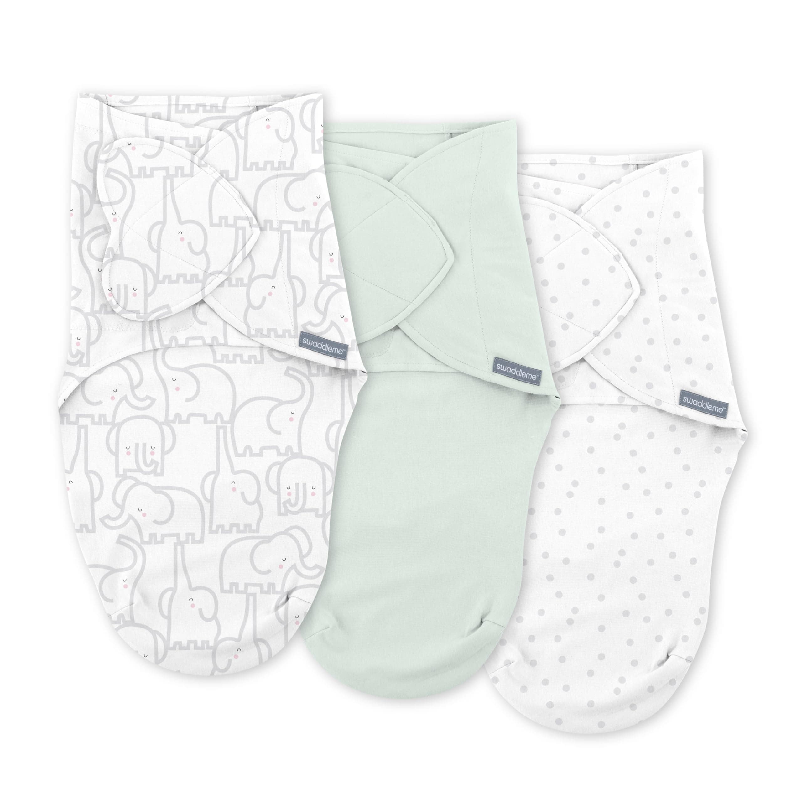 SwaddleMe by Ingenuity Monogram Collection Baby Swaddle, 100% Cotton, Improves Sleep & Calms Startle Reflex, 0-3 Months, Pocket Fold Design for Easy Changes, 1.0 TOG, 3-Pack - Elephant Dance