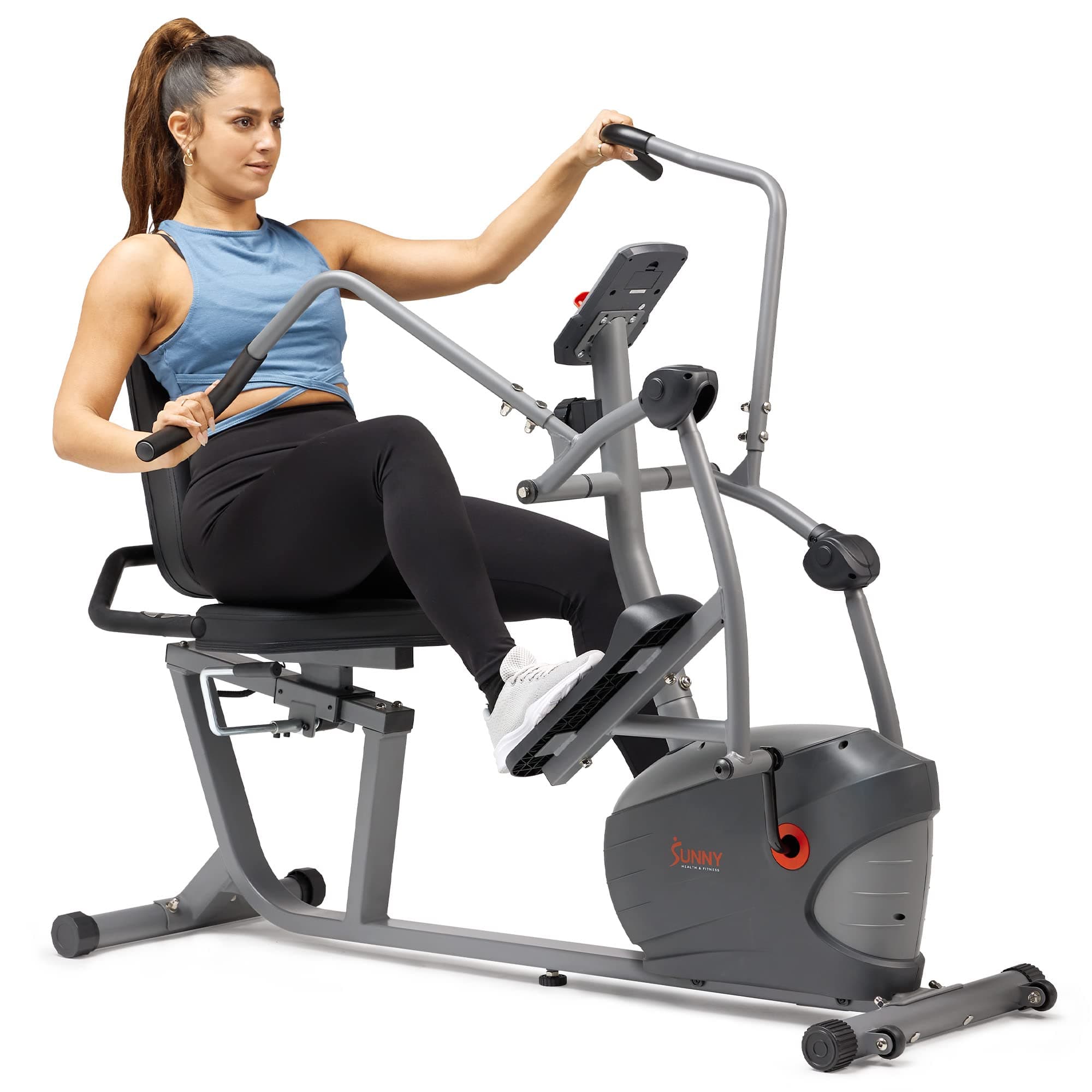 Smart Recumbent Bike, Full-Body Home Training with Arm/Leg Exercisers, Indoor Cycling Workout Machine Plus Adjustable Seat & Bulit-in Pulse Sensors, Free SunnyFit App Connection