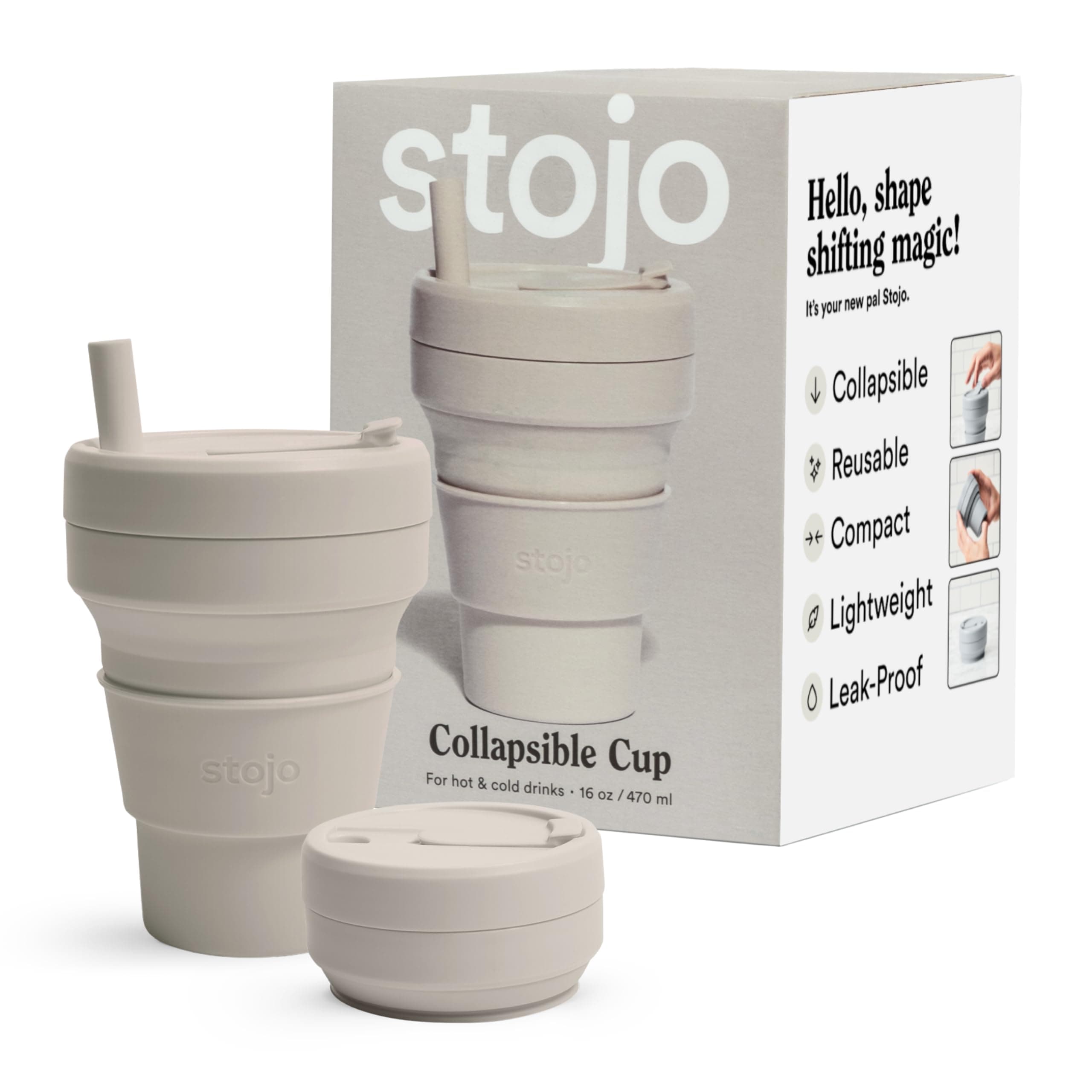 Stojo Collapsible Travel Cup With Straw - Oat, 16oz / 470ml - Reusable To-Go Pocket Size Silicone Cup for Hot and Cold Drinks - Perfect for Camping and Hiking - Microwave & Dishwasher Safe
