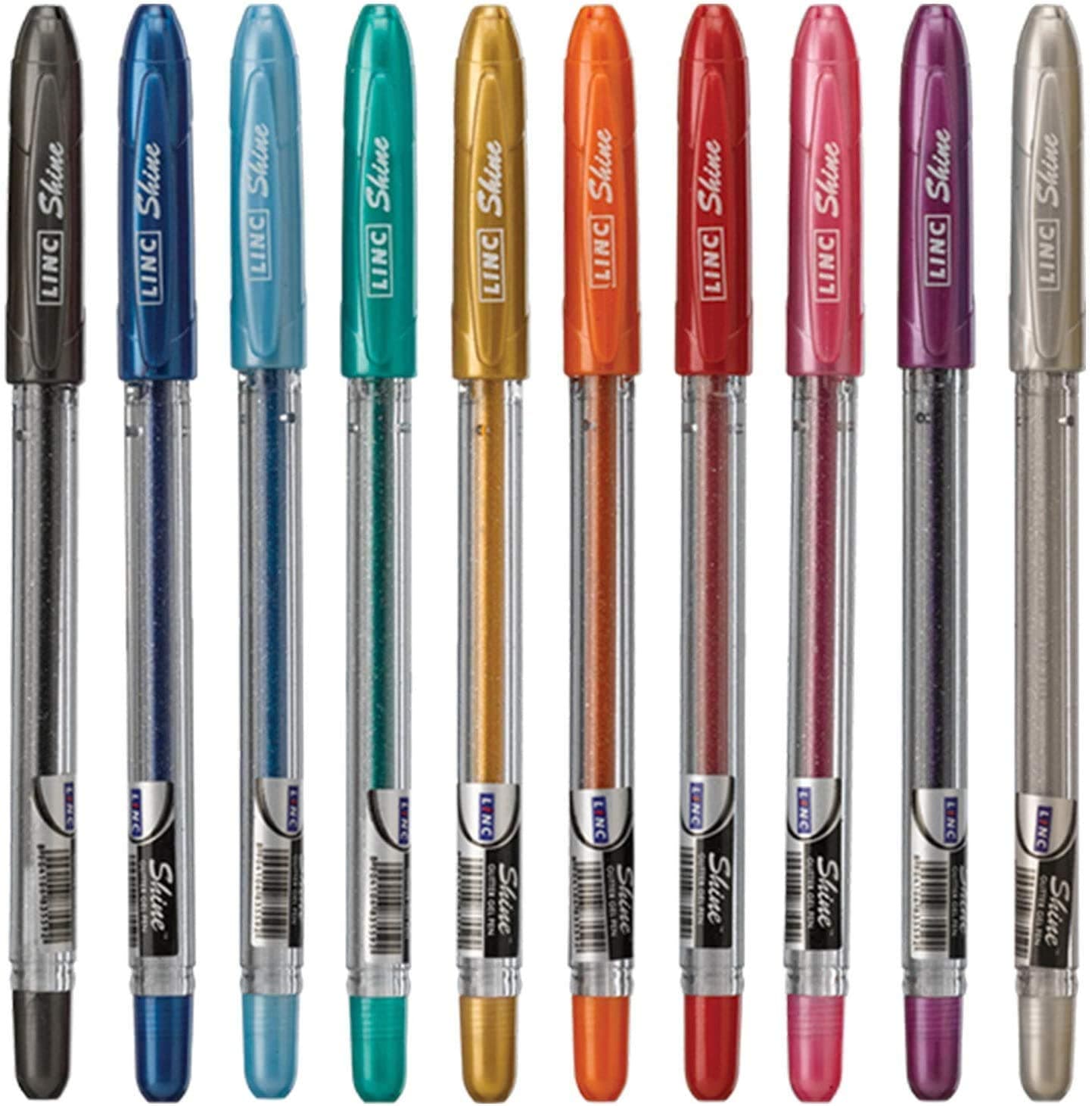 Linc 10 x Shine Sparkled GLITTER Gel Pens 0.7 mm FINE Tip 10 colours