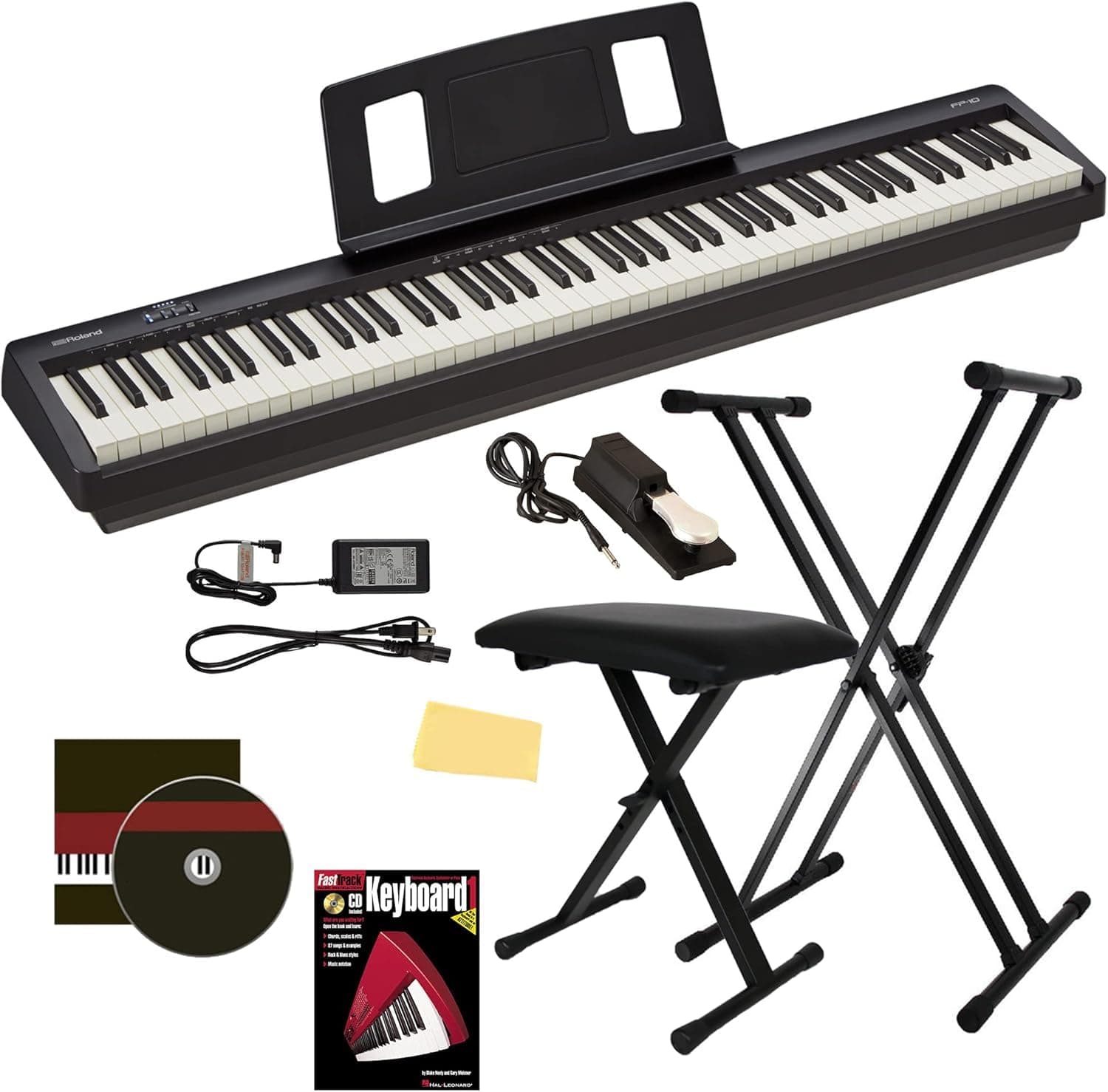 FP-10 Digital Piano - Black Bundle with Adjustable Stand, Bench, Sustain Pedal, Instructional Book, Online Lessons, Instructional DVD, and Austin Bazaar Polishing Cloth