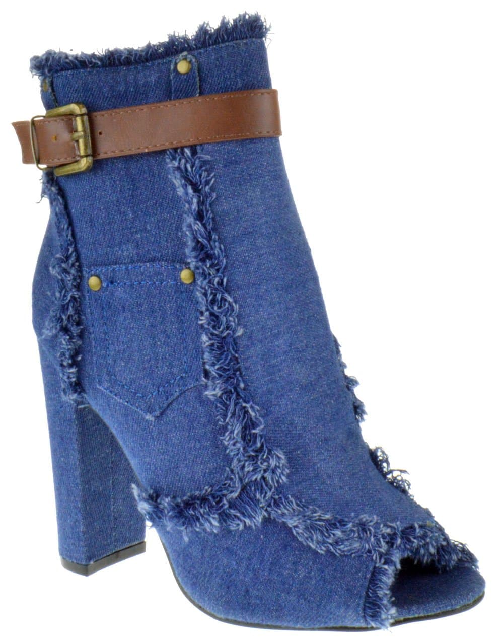 Foever Sherry 10 Womens Freyed Denim Peep Toe Chunky Heel Booties Light Blue Denim 6