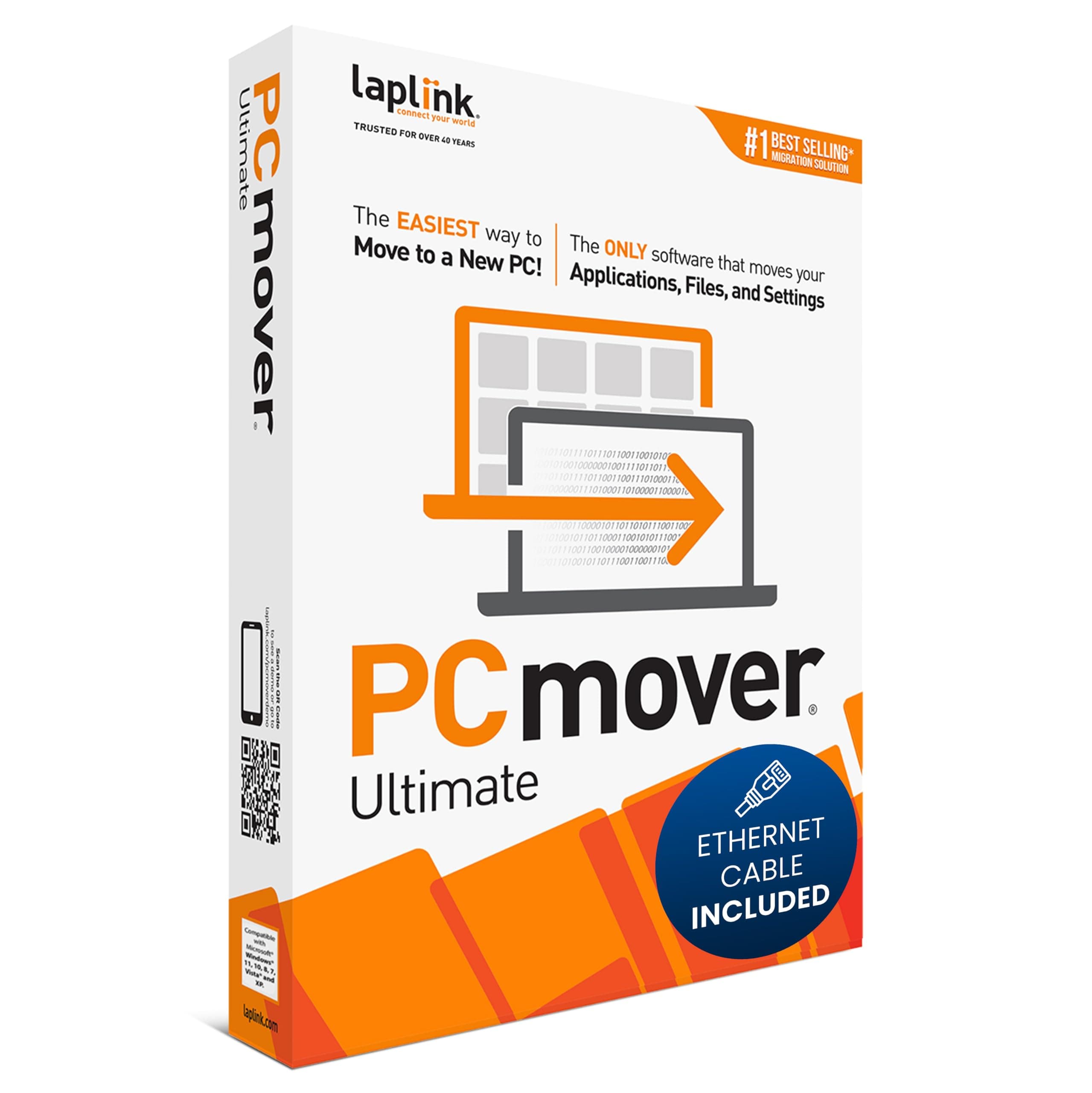 Laplink Software PCmover Ultimate 11 | Moves Your Applications, Files and Settings from an Old PC To a New PC. | Includes Ethernet Cable | 1 Use