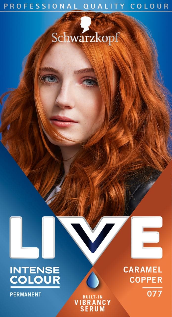 Schwarzkopf LIVE Intense Colour Caramel Copper Permanent Hair Dye 077, Long Lasting Red with Built-In Vibrancy Serum, Copper Red for up to 100% Grey Coverage