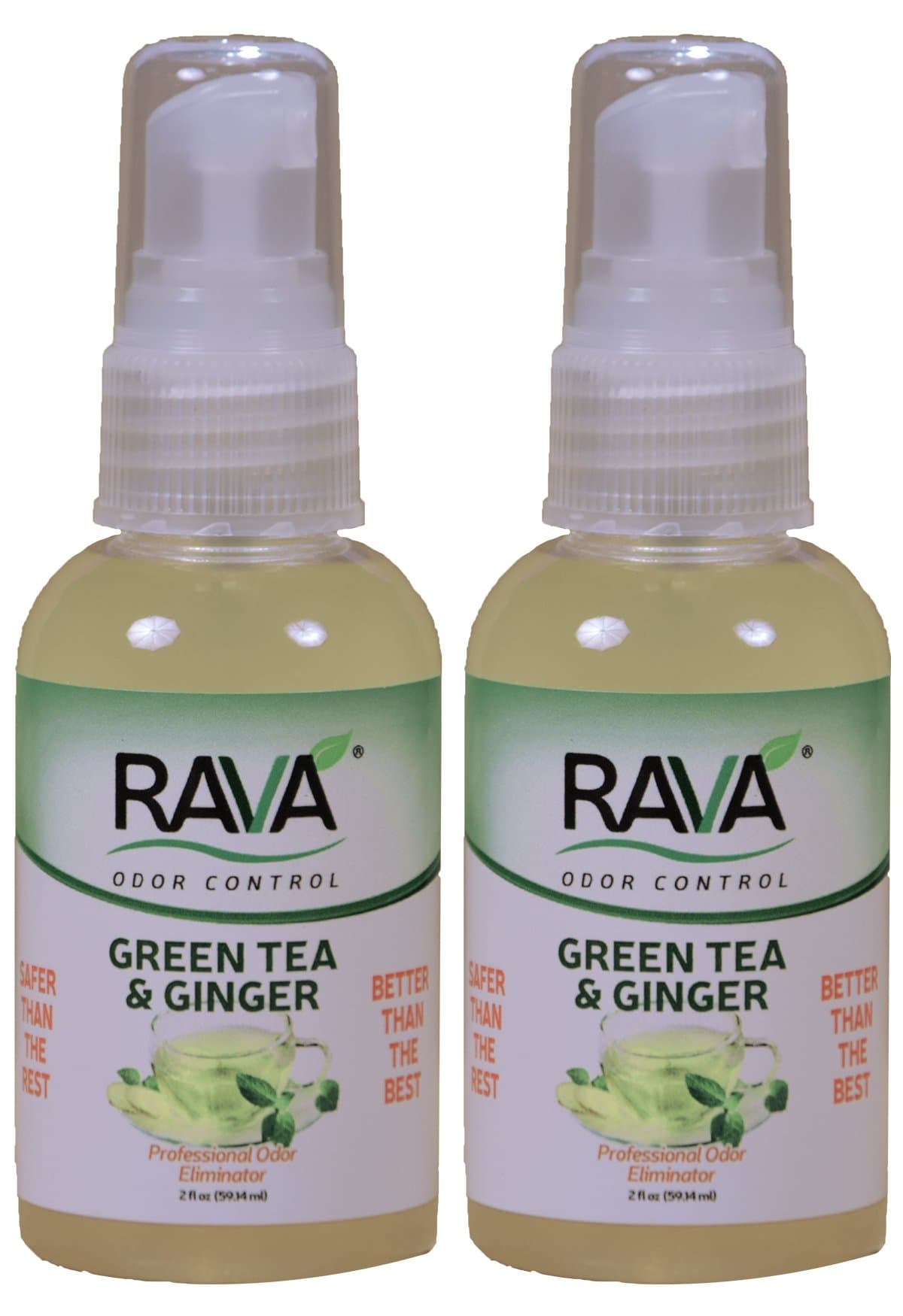 RAVA Odor Control. 99% Food Grade, Controls Dog and cat Urine Odor, Skunk Odor, Tobacco Smoke Smell, Weed Smoke Smell, 2oz Spray Two Pack Green Tea & Ginger Fragrance