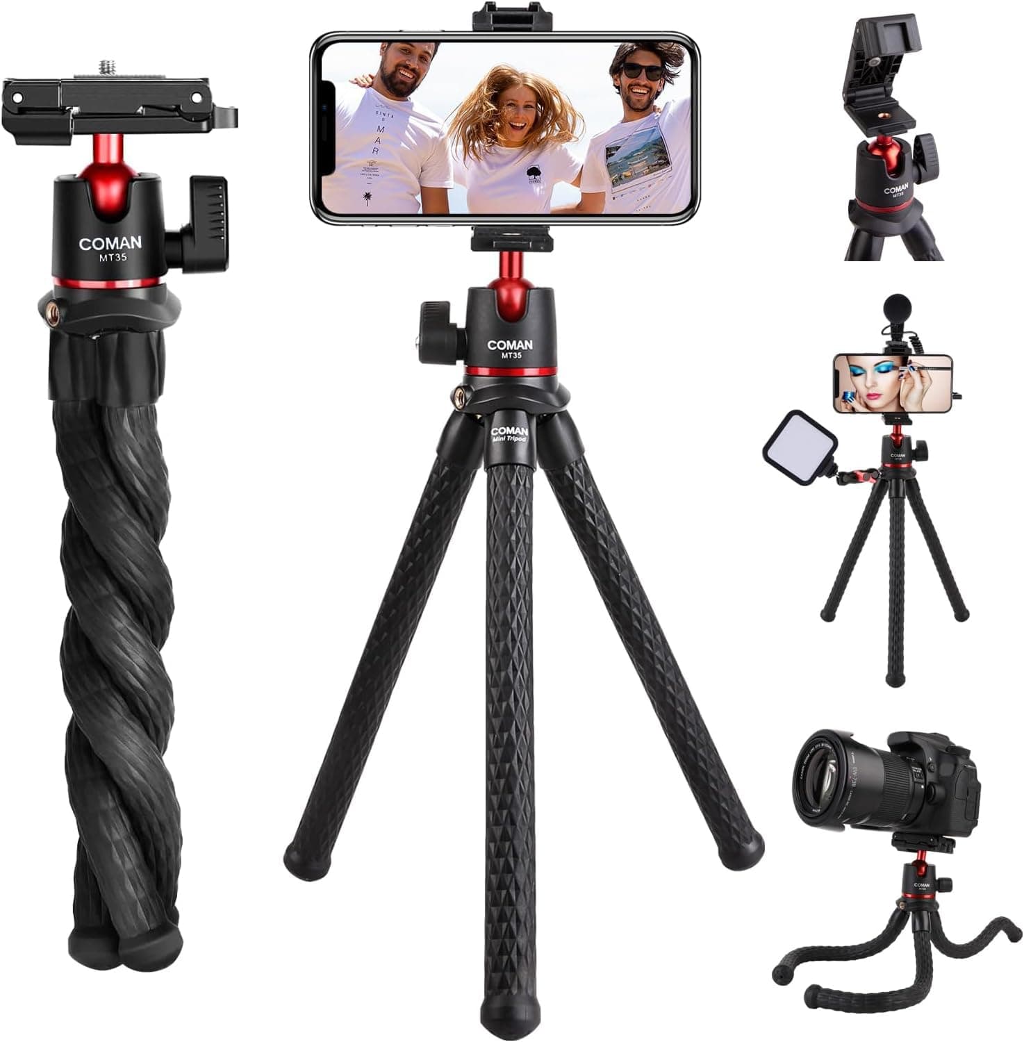 COMAN Flexible Mini Phone Tripod, Waterproof Stand for Camera GoPro, Hidden Cell Phone Mount, Portable Travel Tripod for Video Recording Vlogging Selfie