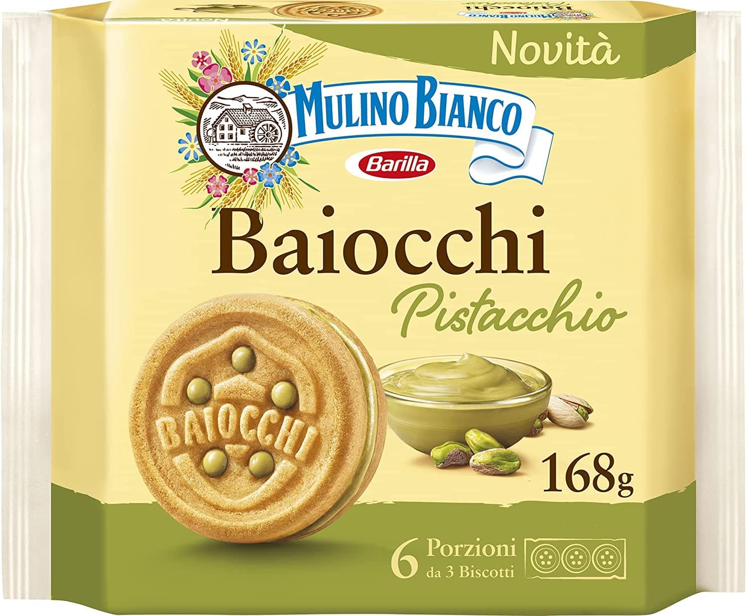 6X Mulino Bianco Baiocchi Pistachio Biscuits, Pistachio Pastry Ideal for Breakfast or Snack, Palm Oil Free, 6 Servings of 3 Biscuits