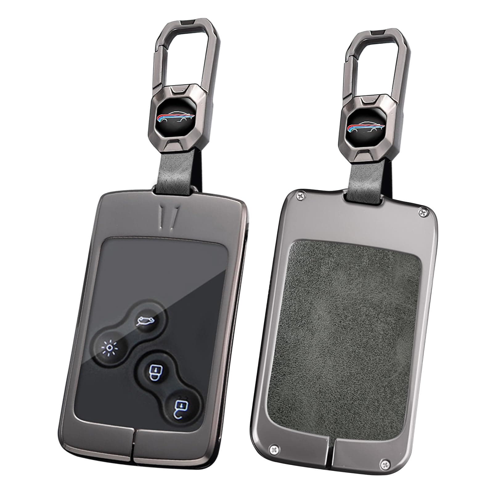 HIBEYO Key Fob Cover Compatible with Renault Clio Logan Megane Scenic Fluence Laguna Accessories Alloy Leather Key Shell Smart Remote Auto Key with Keychains-Short Keychian Gray