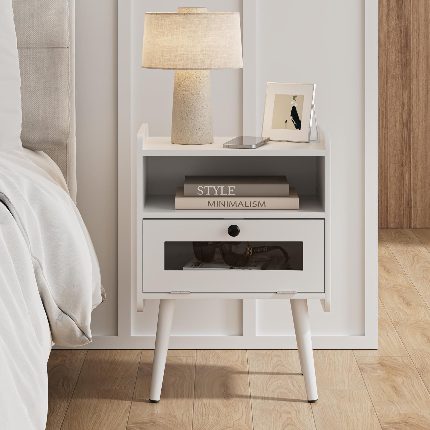 Masupu Night Stand, Modern Side Table Nightstand Bedside Table with Storage Drawer and Open Wood Shelf,Small End Side Table with Front Clear Drawer for Bedroom,Living Room,White Without Outlet
