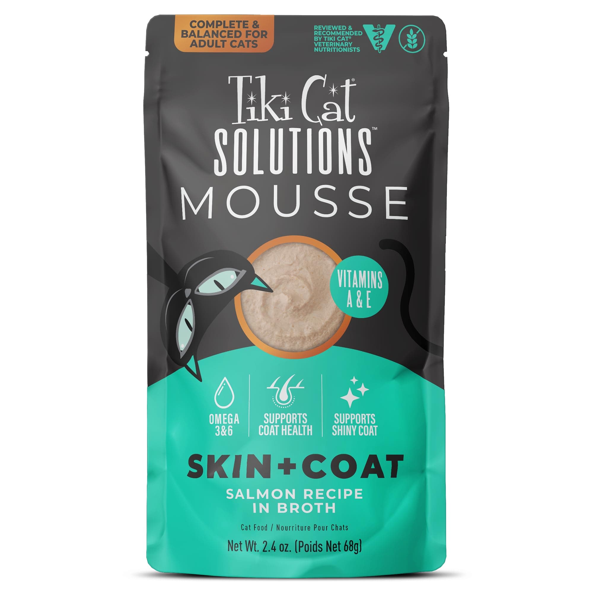 TIKI PETS Cat Special Mousse Wet Cat Food Function Formula Skin & Coat Salmon Recipe in Broth 12 Pouches, 2.4oz