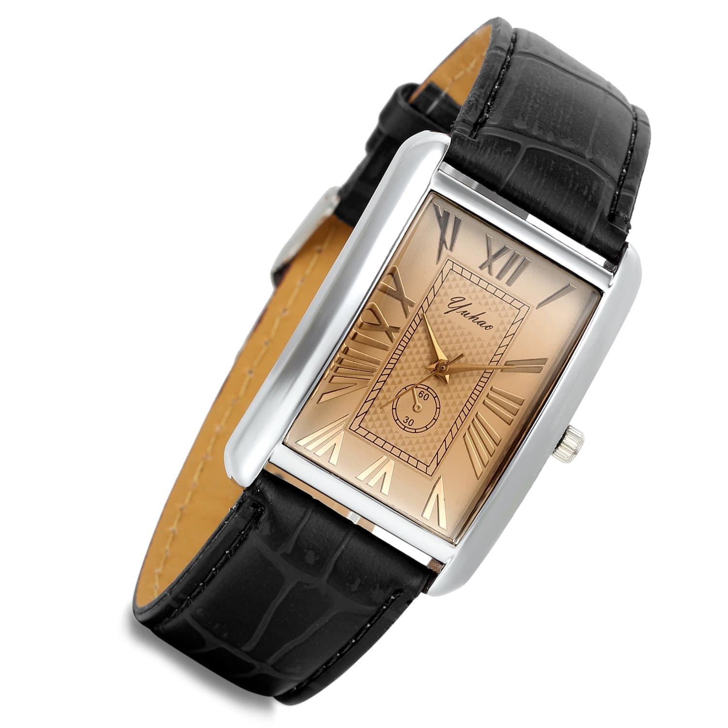 Retro Vintage Square Quartz Analog Watch Silver Tone Case Crocodile Pattern Brown Leather Business Casual Dress Wrist Watch