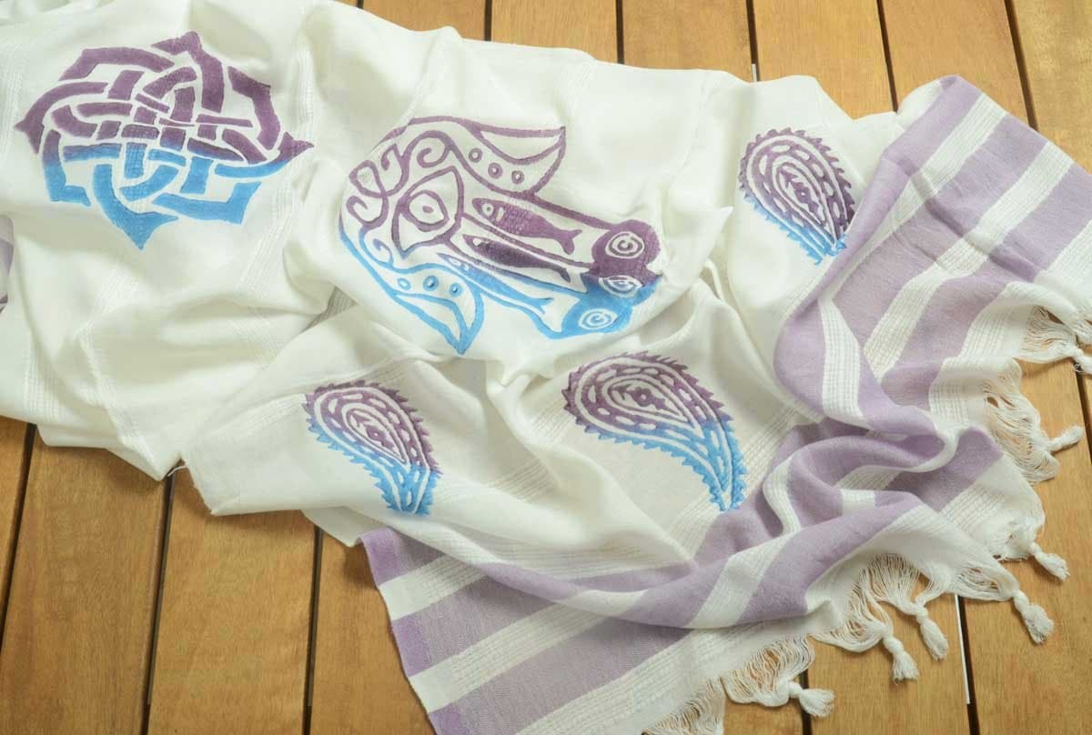 Handwoven Turkish Towel Bath and Beach Peshtemal Towel - Spa Sauna Yacht Beach Hamam Yoga Meditation Shawl - One of a Kind Wood Block Printing - Purple Stripes - Fatima Hand