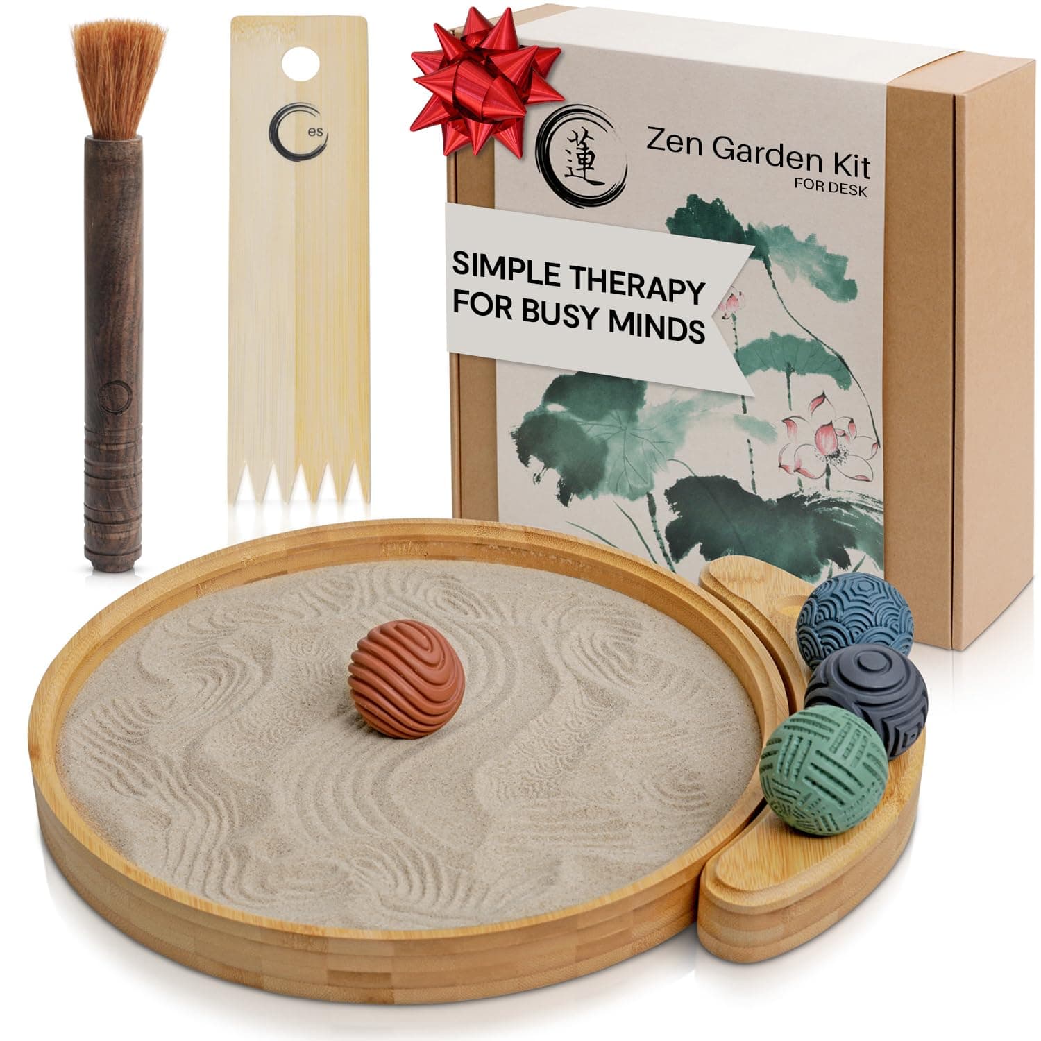 ENSO SENSORY - Japanese Zen Garden Kit for Desk - Sand Garden Tools and Accessories Box Set for Office Desktop - 12” Large Round Bamboo Tray, 4 Stamp Spheres, Natural Sand, Rake - Mini Zen Decor Gifts
