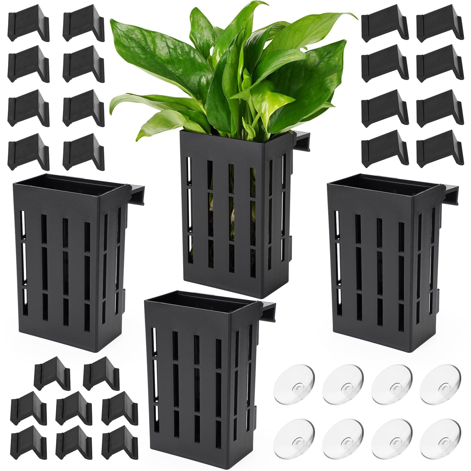 Borlech Upgraded Aquarium Plant Holder with Hooks and Suction Cups for Fish Tank Aquaponic Plant Cultivation and Aquascape Decorations (Black)