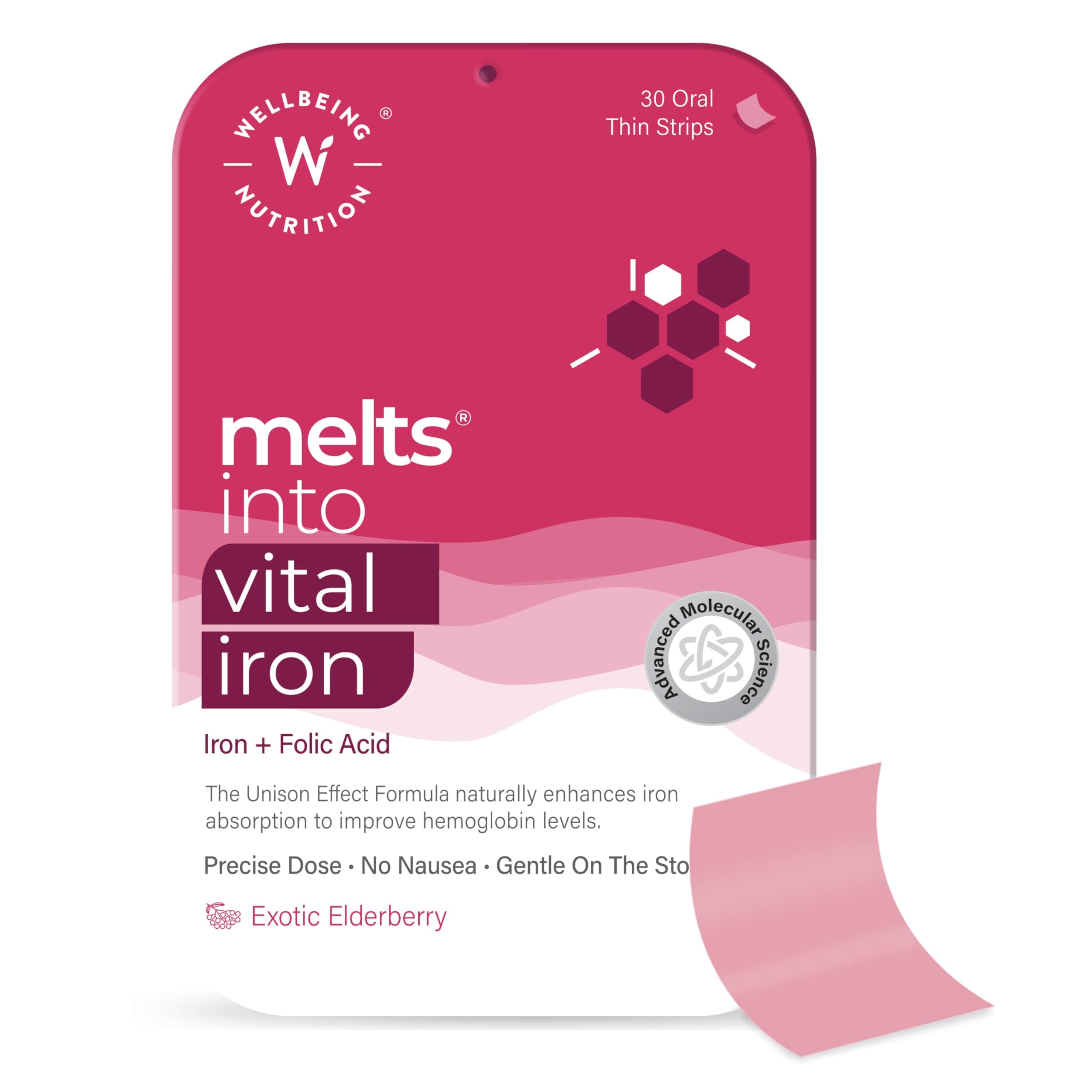 WELLBEING NUTRITION Melts Nano Iron | Plant Based Iron, Beetroot, Swiss Chard, Pumpkin Seeds, Vitamin C and Folate for Improved Hemoglobin, Oxygen Binding Capacity & Blood Building (30 Oral Strips)