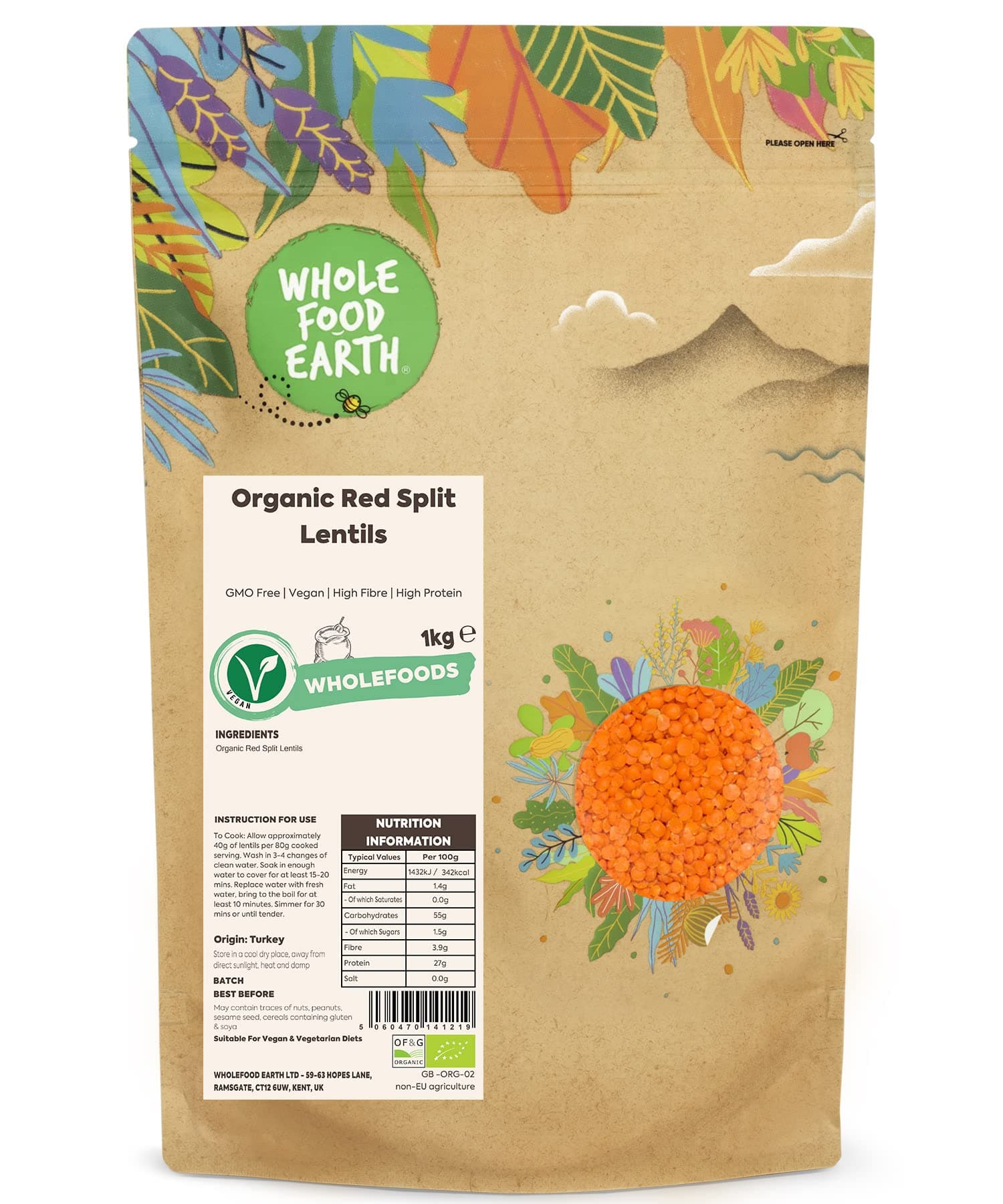 Wholefood Earth - Organic Red Split Lentils, 1 kg