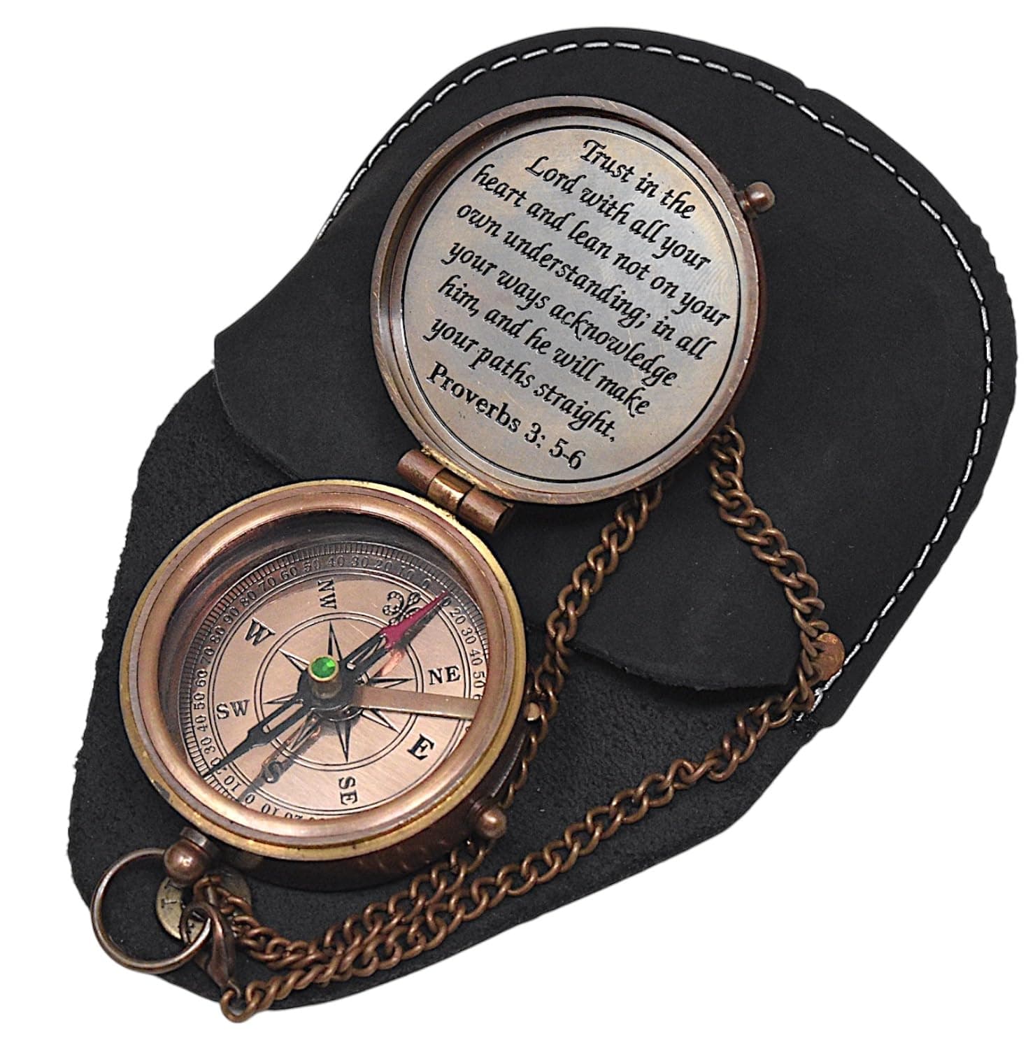 Proverbs 3: 5-6 Engraved Compass Gift for Men, Trust In The Lord Inscription Compasses Graduation Gift, Confirmation Gift, Baptism Religious Gift, Communion Survival Brass Compass With Leather Case