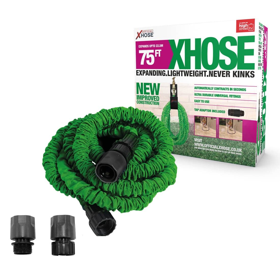 The Official XHose Expanding Garden Hose Pipe with BONUS adaptor, 75ft, Green
