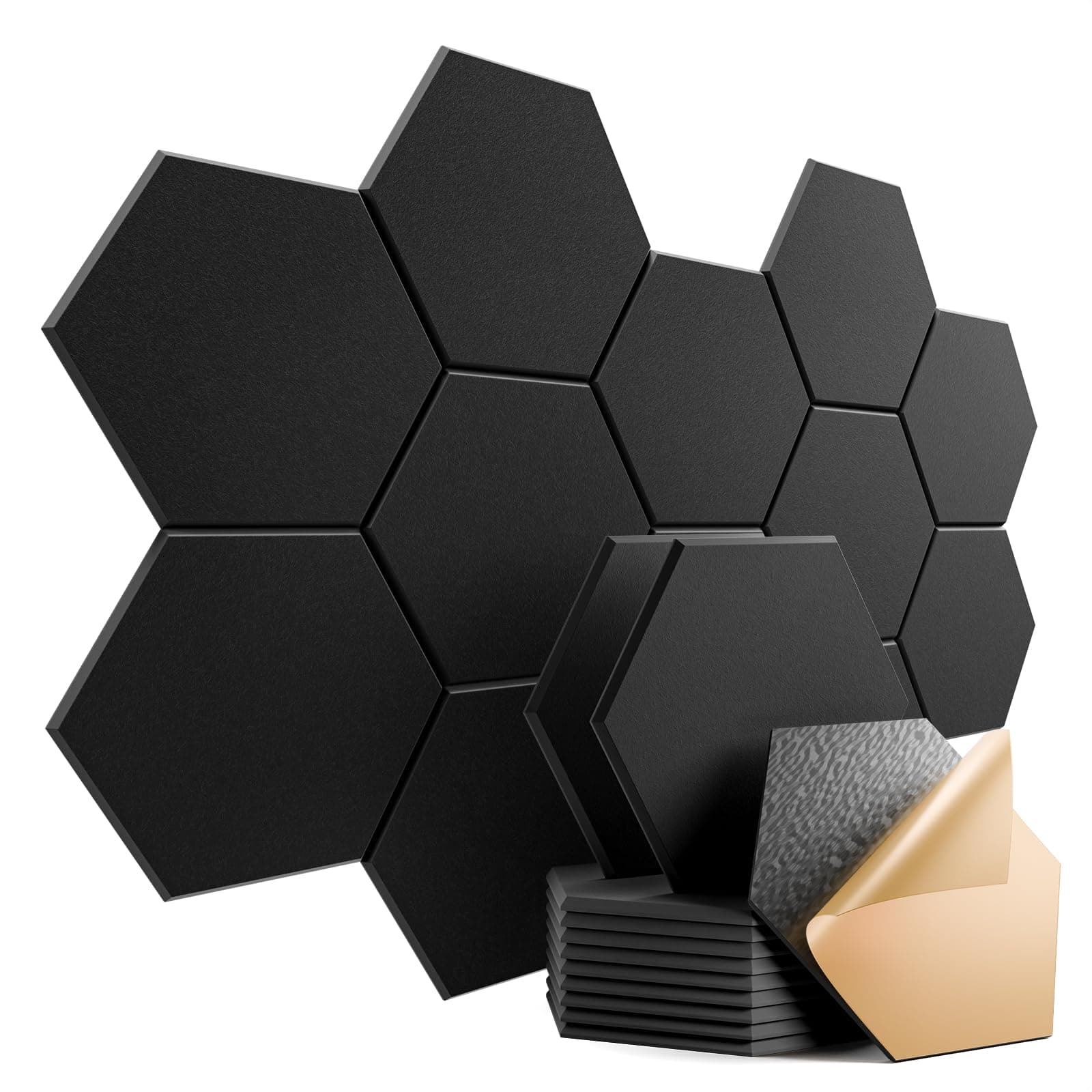 12 Pack Self-Adhesive Acoustic Panels 12" X 10" X 0.4" - Sound Proof Foam Panels with High Density, Stylish Hexagonal Design, Flame Resistant, Absorb Noise and Eliminate Echoes(Black)