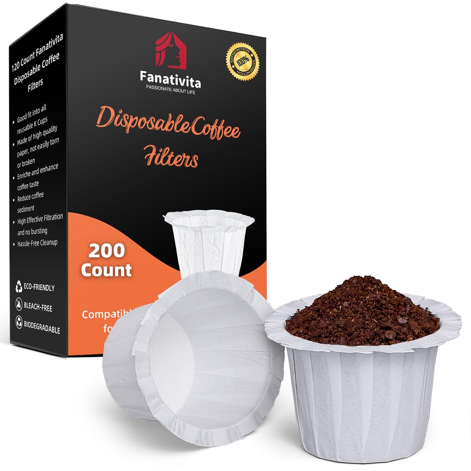 200 Count Fanativita K Cup Coffee Filters Disposable for Keurig Single Cup, Compatible with All Reusable K Cups (White)