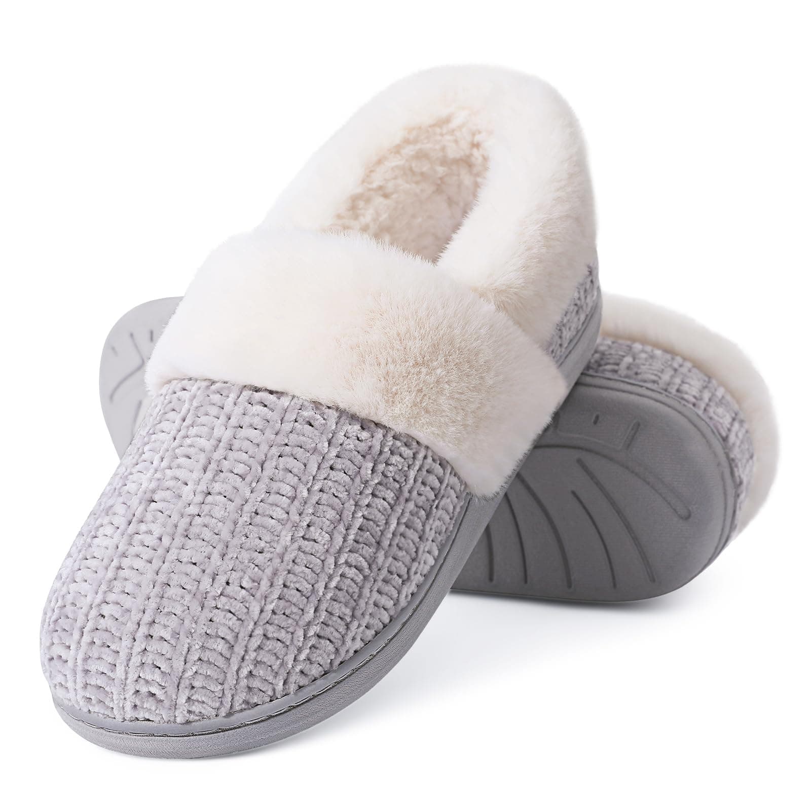 Women's Fuzzy Memory Foam Slippers, Closed Back Knit Bedroom Slippers, Slip-On Warm House Shoes for Indoor & Outdoor Comfort