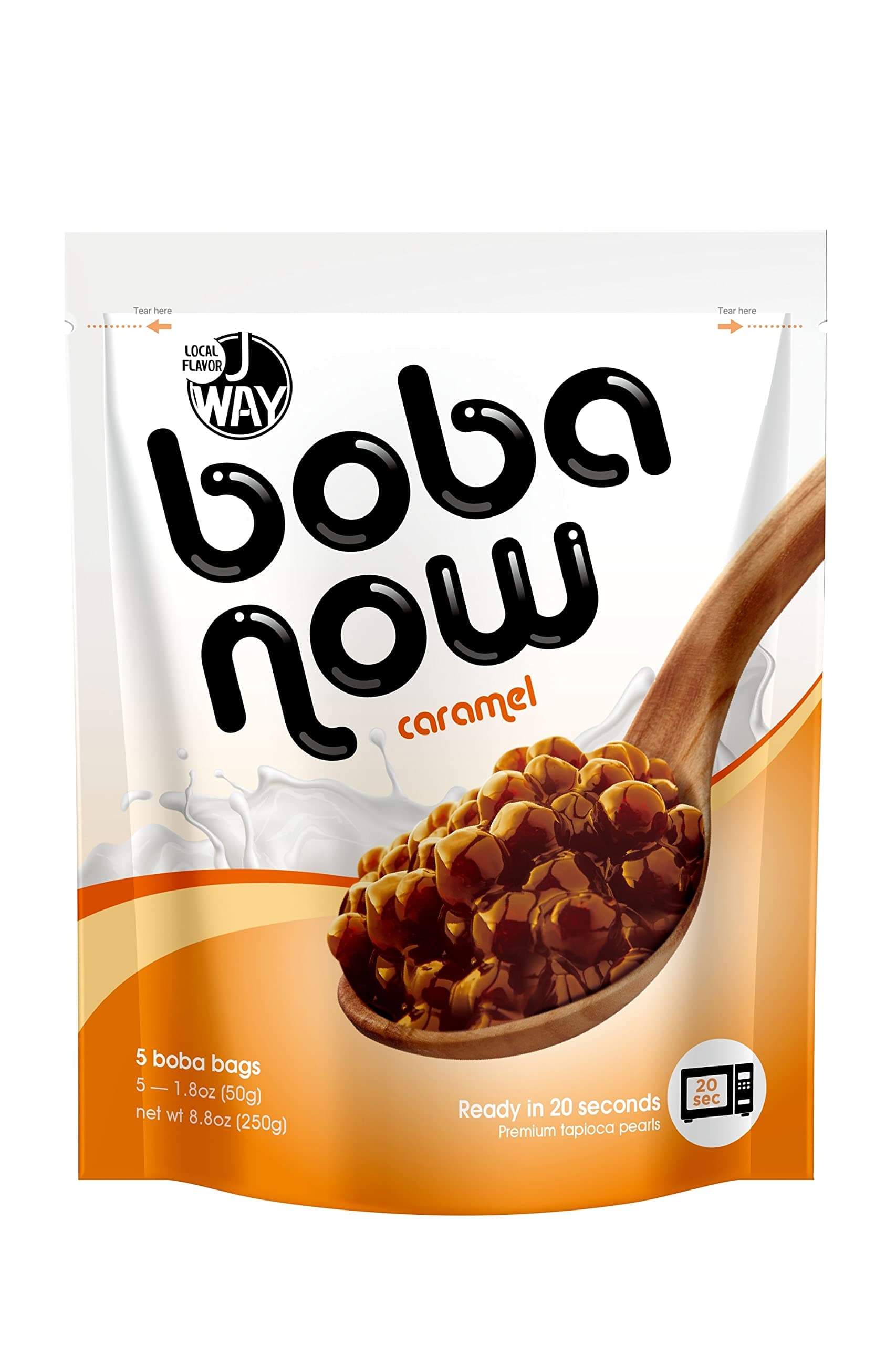 J WAY BOBA NOW Authentic Instant Tapioca Boba Pearls for Milk Tea, Smoothies and Desserts, Caramel Flavor (Ready in Just 20 Seconds) - 5 Servings