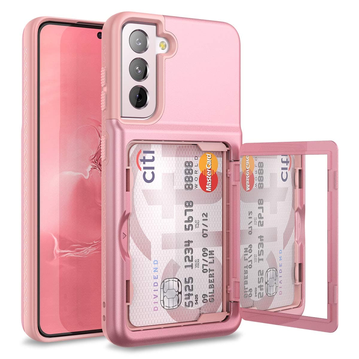WeLoveCase for Samsung Galaxy S21 Wallet Case with Credit Card Holder & Hidden Mirror, Defender Protective Shockproof Heavy Duty Protection Phone Cover for Samsung Galaxy S21 5G, 6.2 inch Rose Gold