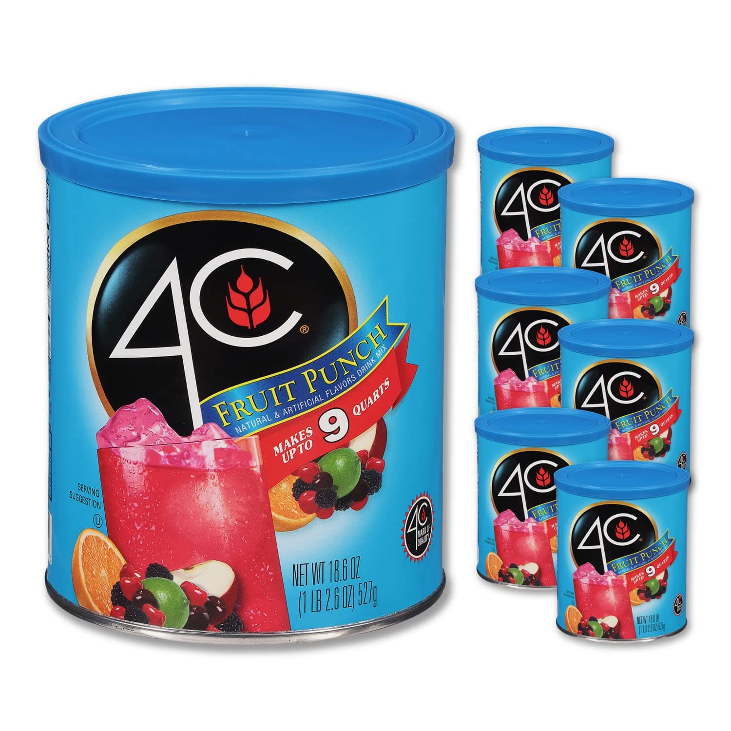 4C Powdered Drink Mix Canister, Fruit Punch 6 Pack, 9 Quarts, Family Sized Bin, Thirst Quenching Flavors