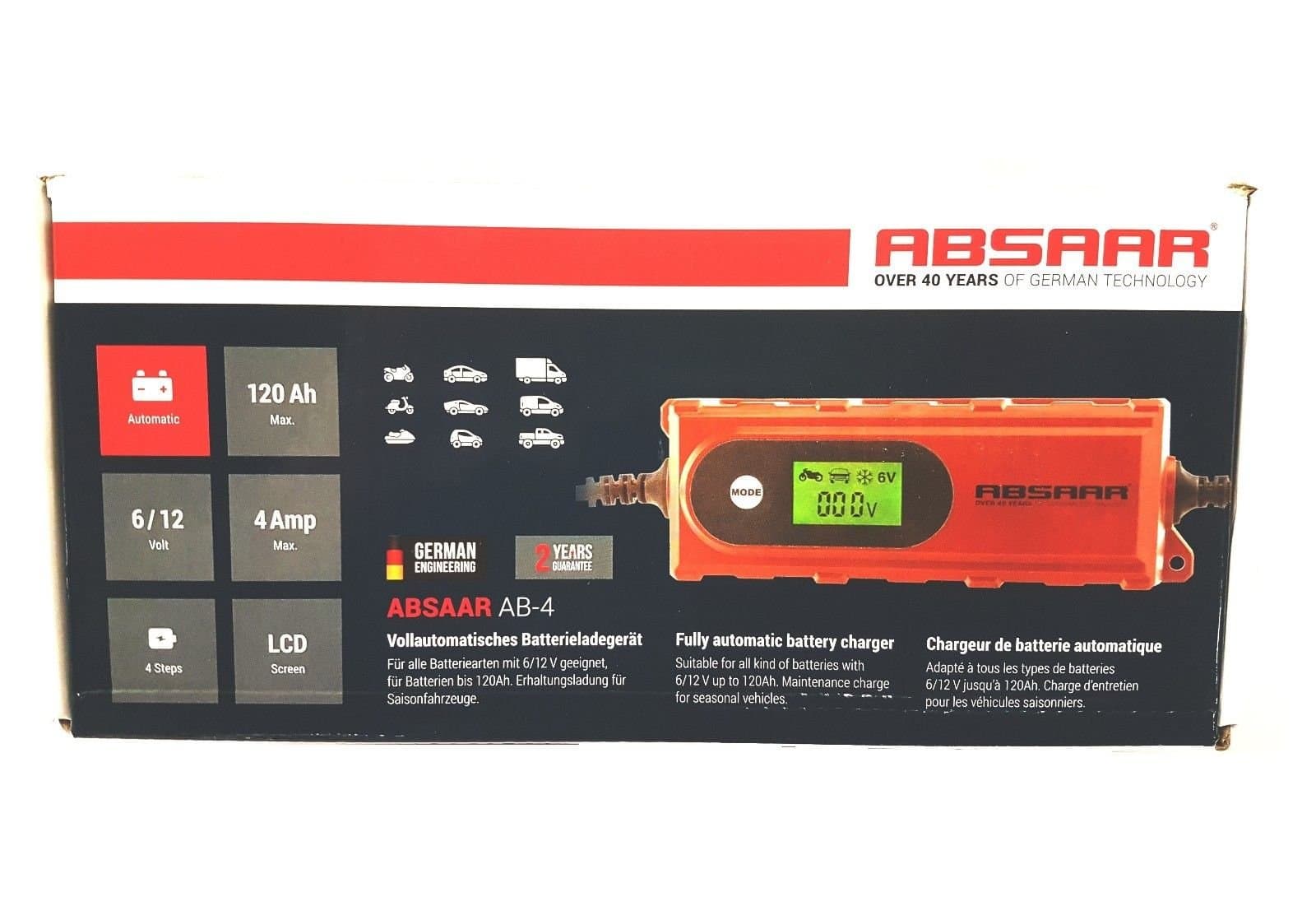 ABSAAR AB-4 6V/12V 4A Smart Battery Charger Lead Acid, VRLA AGM GEL Battery