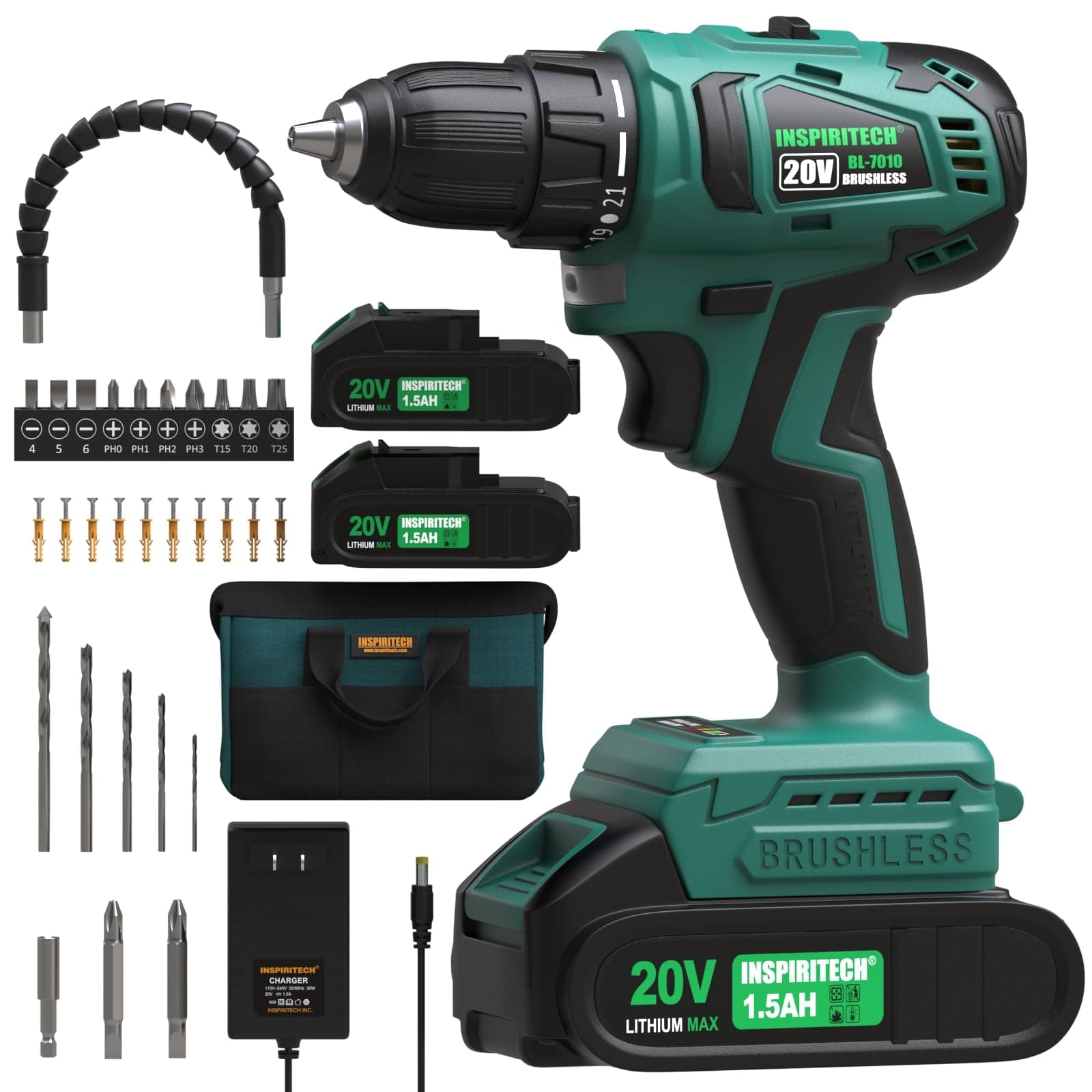 20V Cordless Brushless Power Drill Set with 2 Batteries and Charger,3/8-Inch Chuck Electric Drill-Driver,22 Torque Setting,Drilling/Driver Bits and Tool Bag Included