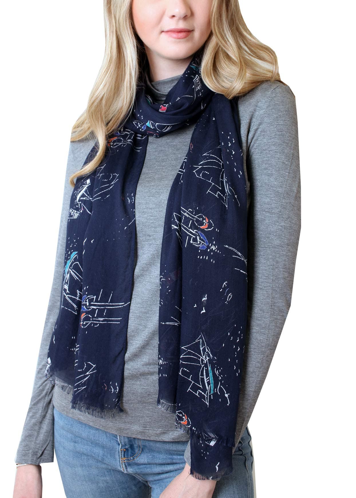 Anika DaliWhimsical Sailboat Lighthouse Nautical Print Scarf, Navy Blue