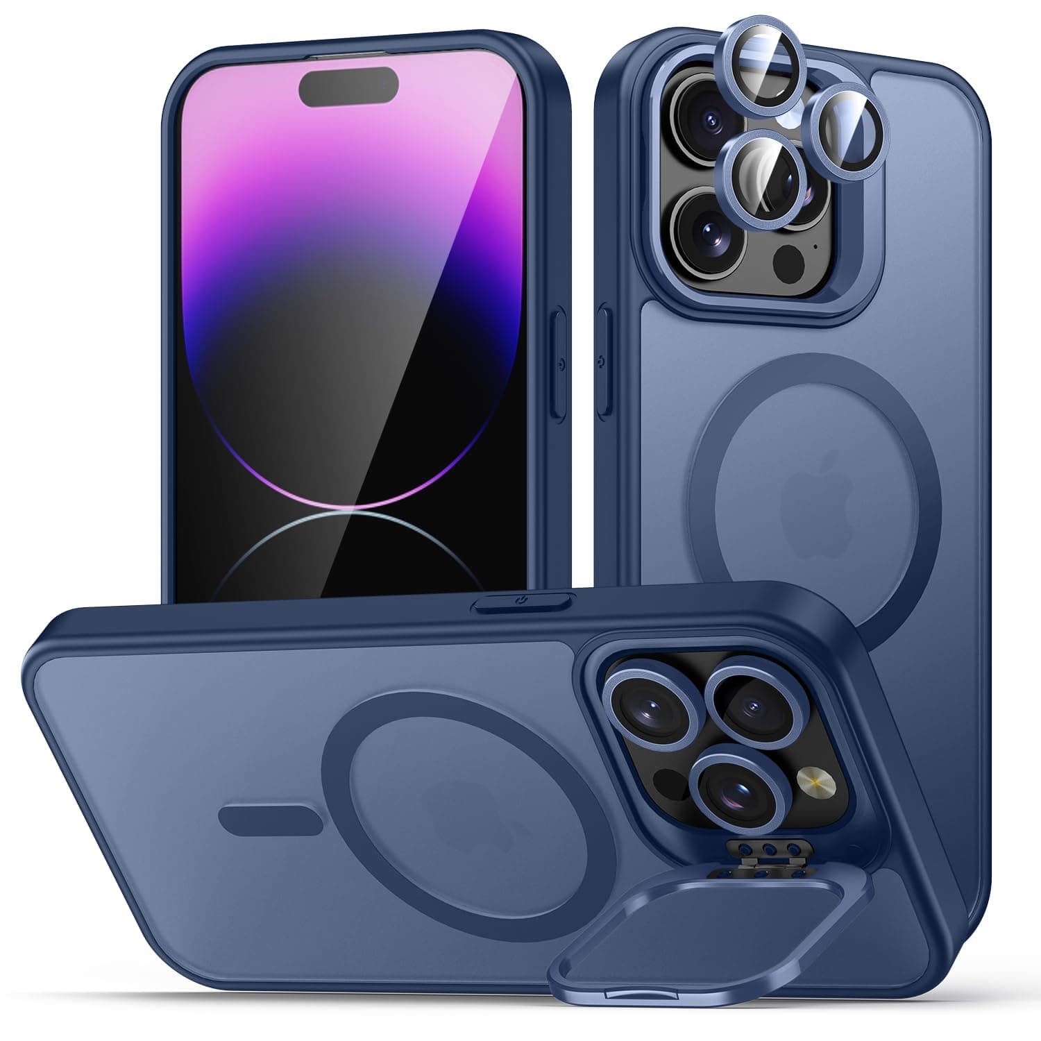 for iPhone 14 Pro Max Case, Compatible with MagSafe, Built-in Camera Ring Stand, with Individual Camera Cover, Translucent Matte Military-Grade Drop Protection Magnetic Case, Blue