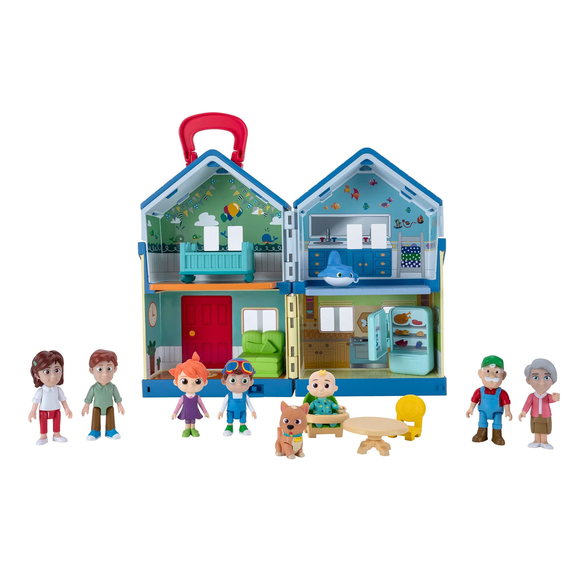 CoComelon Deluxe Family House Playset with Music and Sounds - Includes JJ, Family, Friends, Shark Potty, Crib, Sofa, Chair, High Chair, Dining Room Table, Fridge, Activity Sheet - Amazon Exclusive