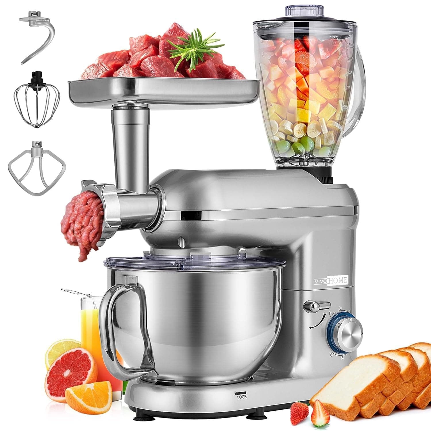 3-in-1 Stand Mixer, 6 Quart Electric Tilt-Head Kitchen Mixer with Bowl, Multifunctional Food Mixer with Meat Grinder and Blender Attachments, Dough Hook, Beater, and Whisk, Silver