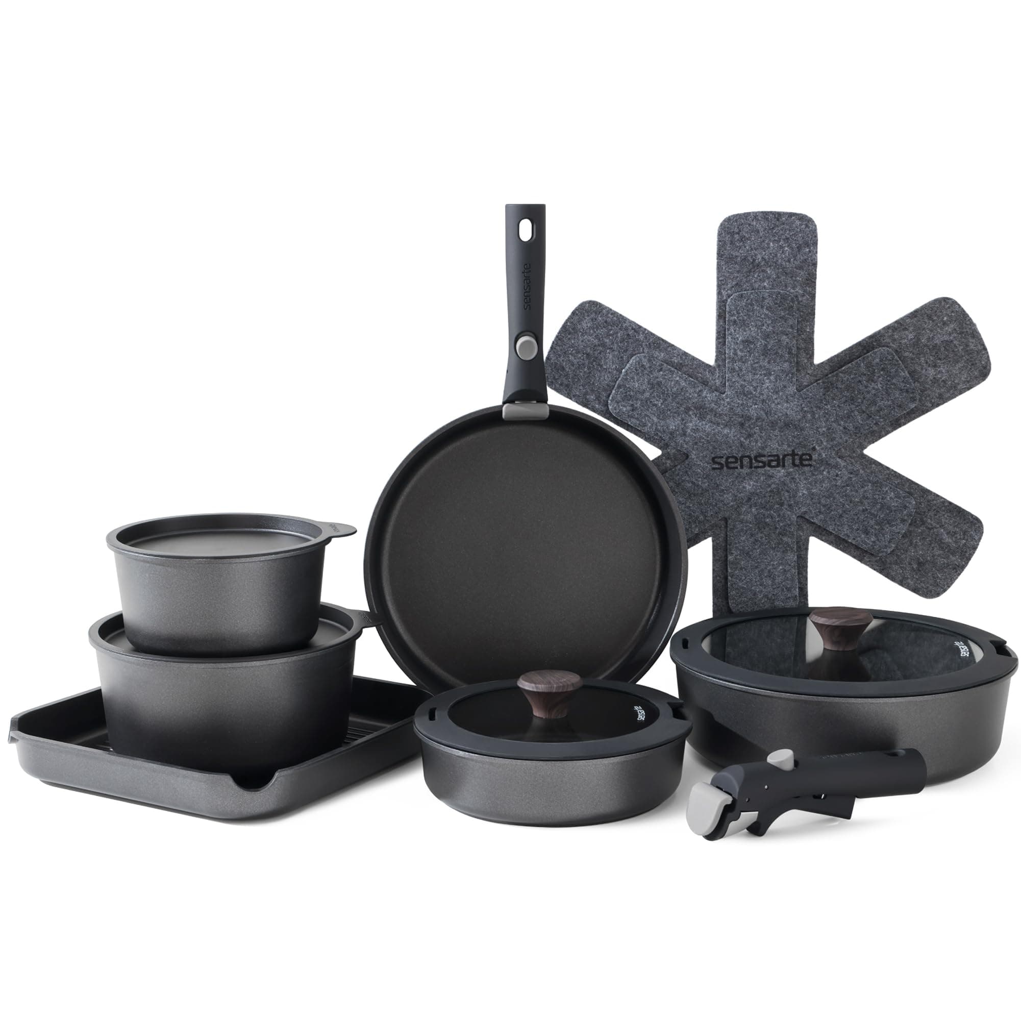 SENSARTE 17 Piece Pots and Pans Set, Nonstick Detachable Handle Cookware Set, Induction Kitchen Cookware Set with Removable Handle, Healthy Non Stick for RV, Dishwasher & Oven Safe, PFOA Free (Black)