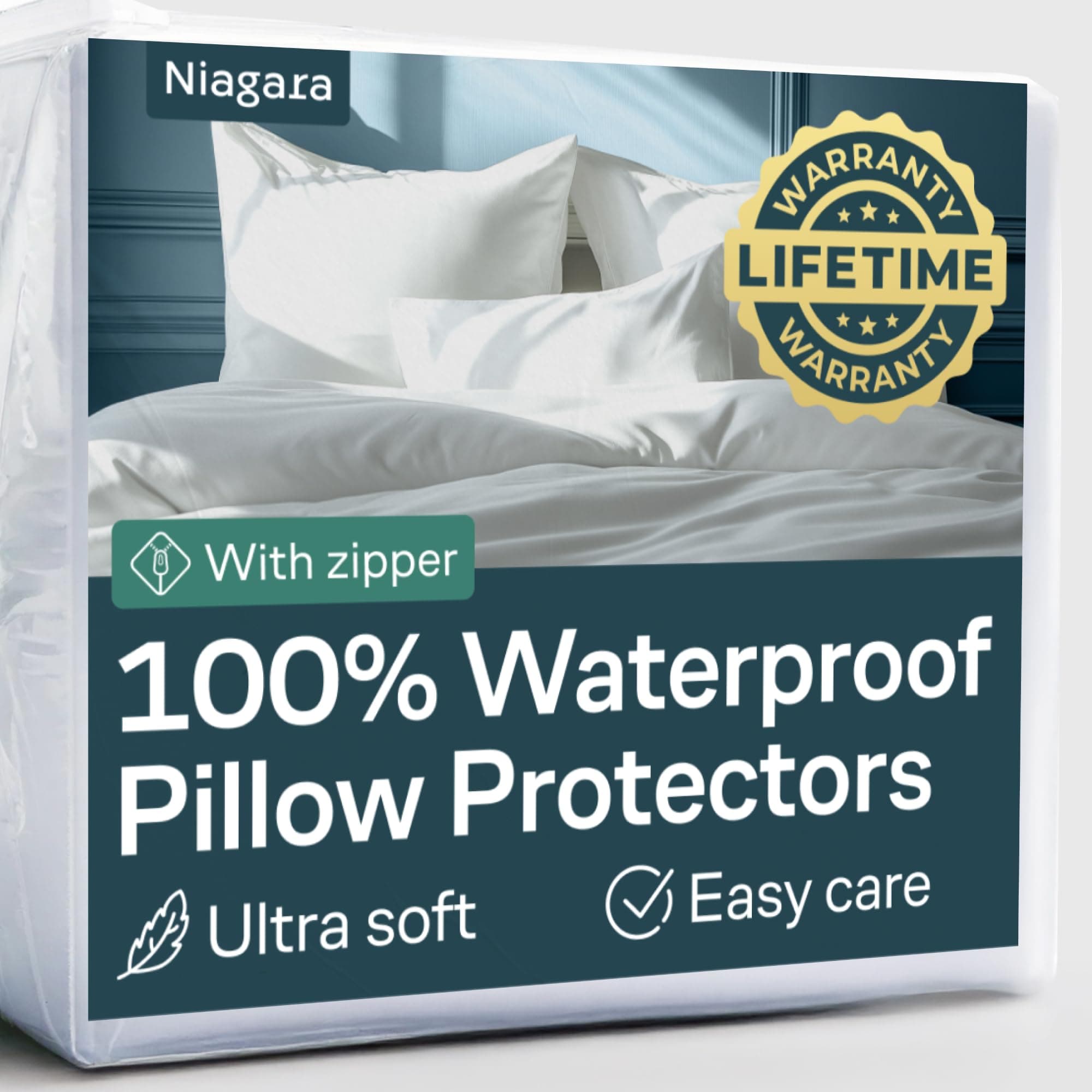 Niagara 4 Pack Waterproof Pillow Protectors Standard 20x26 Inches Smooth Zipper Premium Encasement Covers Quiet Cases Set White