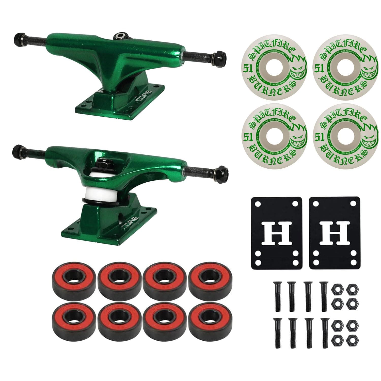 Core Hollow Lightweight Skateboard Trucks + 51mm Spitfire Burners Wheels, ABEC 5 Bearings, Hardware (Package to Complete a Skateboard Deck)