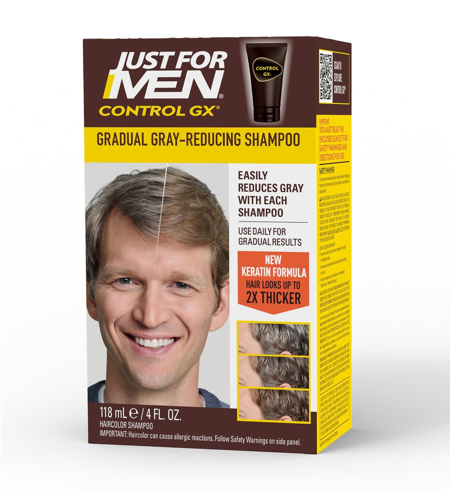 SHAMPOO Just for Men Control GX Grey Reducing for Lighter Shades of Hair, Blonde to Medium Brown, Gradual Hair Color with Keratin, 4 Fl Oz - Pack of 1 (Packaging May Vary)