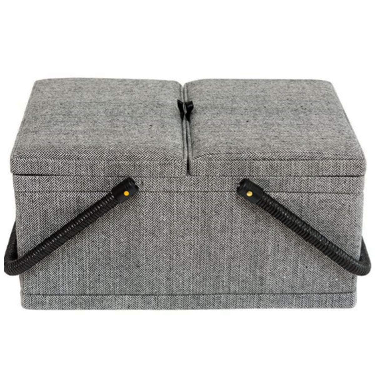 Korbond Grey Herringbone Twin Lid Sewing Basket - Sewing Storage to store Sewing Accessories, Sewing Kits and Embroidery Tools