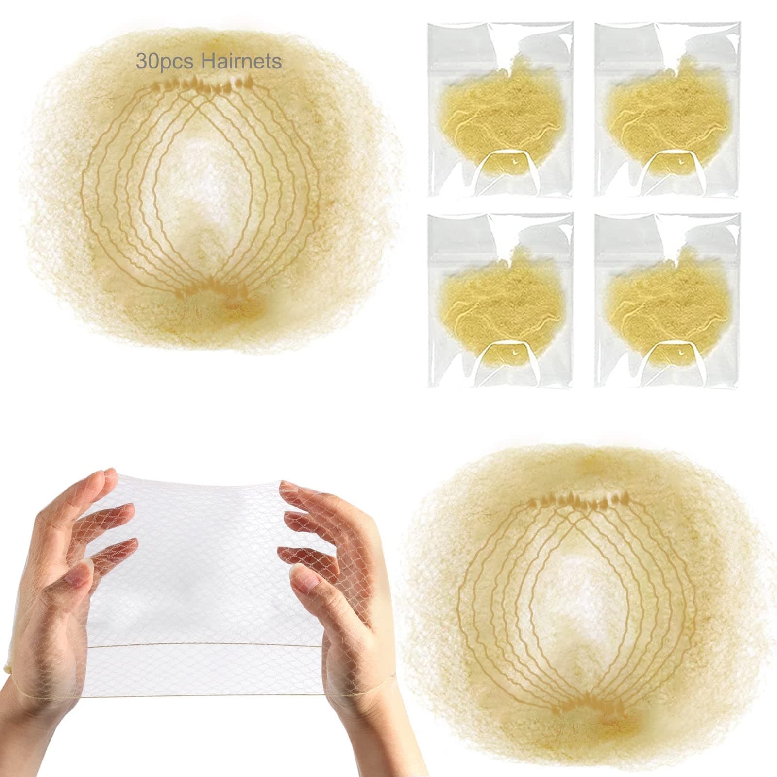 Hairnets Pack of 30pcs Hair Nets Invisible Elastic Edge Mesh 50cm (golden-30pcs)