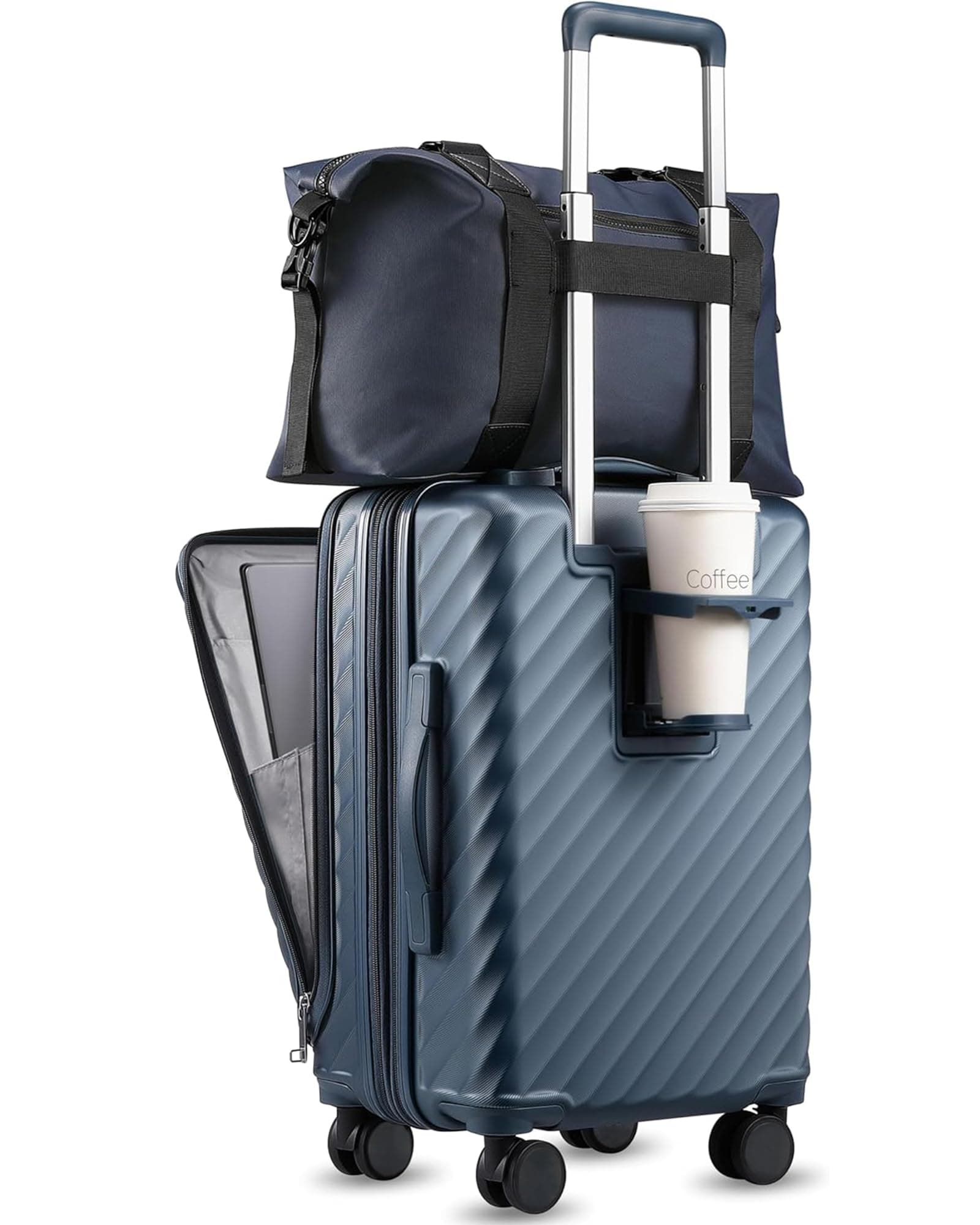 Carry On Luggage with Front Compartment and Cup Holder, KVF Expandable PC Hard Shell Suitcase with Front Pocket (FX-Plus, Midnight Blue, 2-Piece (20/Tote))