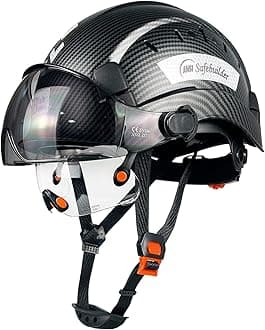 Carbon Fiber Pattern Safety Helmet Hard Hat with Visor Clear & Tinted Adjustable Vented ABS Work Helmet 6-Point Suspension ANSI Z89.1 Approved (Matte Black Hat with CS Visors)