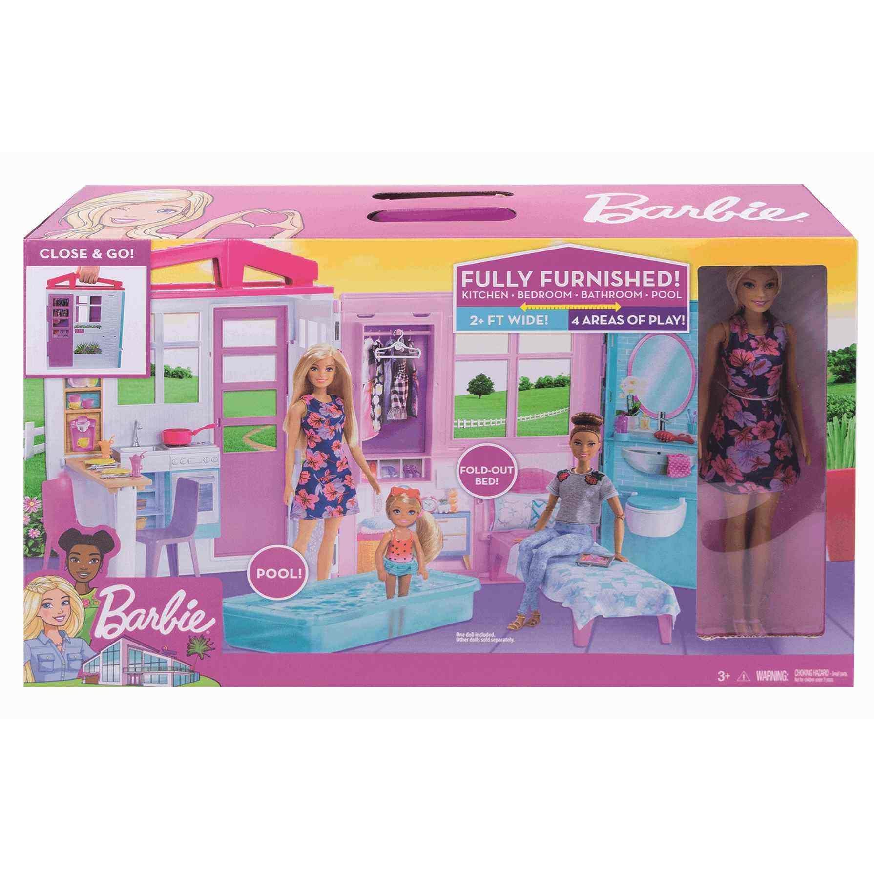 Barbie Doll and Dollhouse, Portable 1-Story Playset with Pool