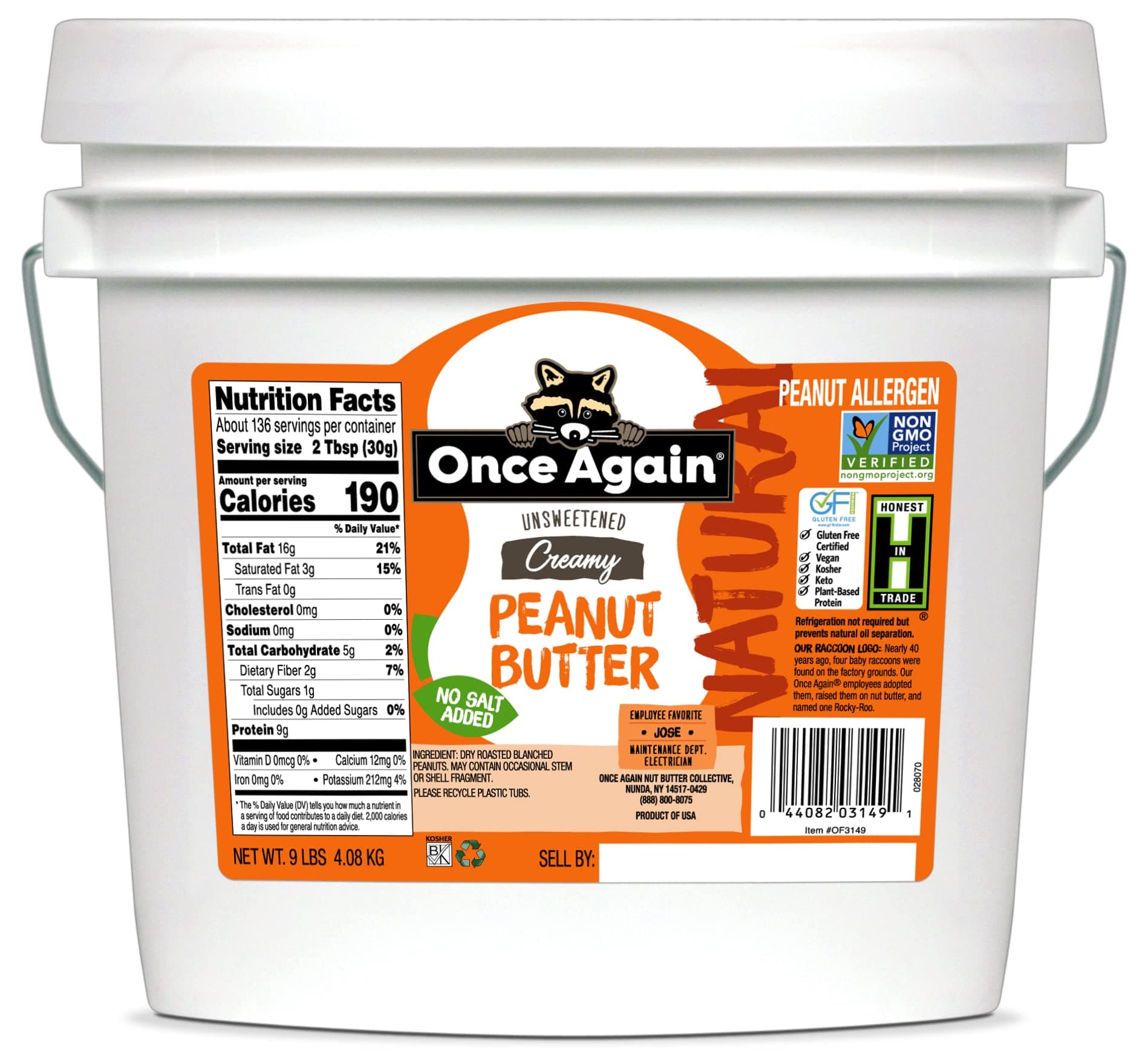 Once Again Natural, Creamy Peanut Butter, 9lb Bucket (same as 9 jars) - Salt Free, Unsweetened - Gluten Free Certified, Vegan, Kosher, Non-GMO Verified