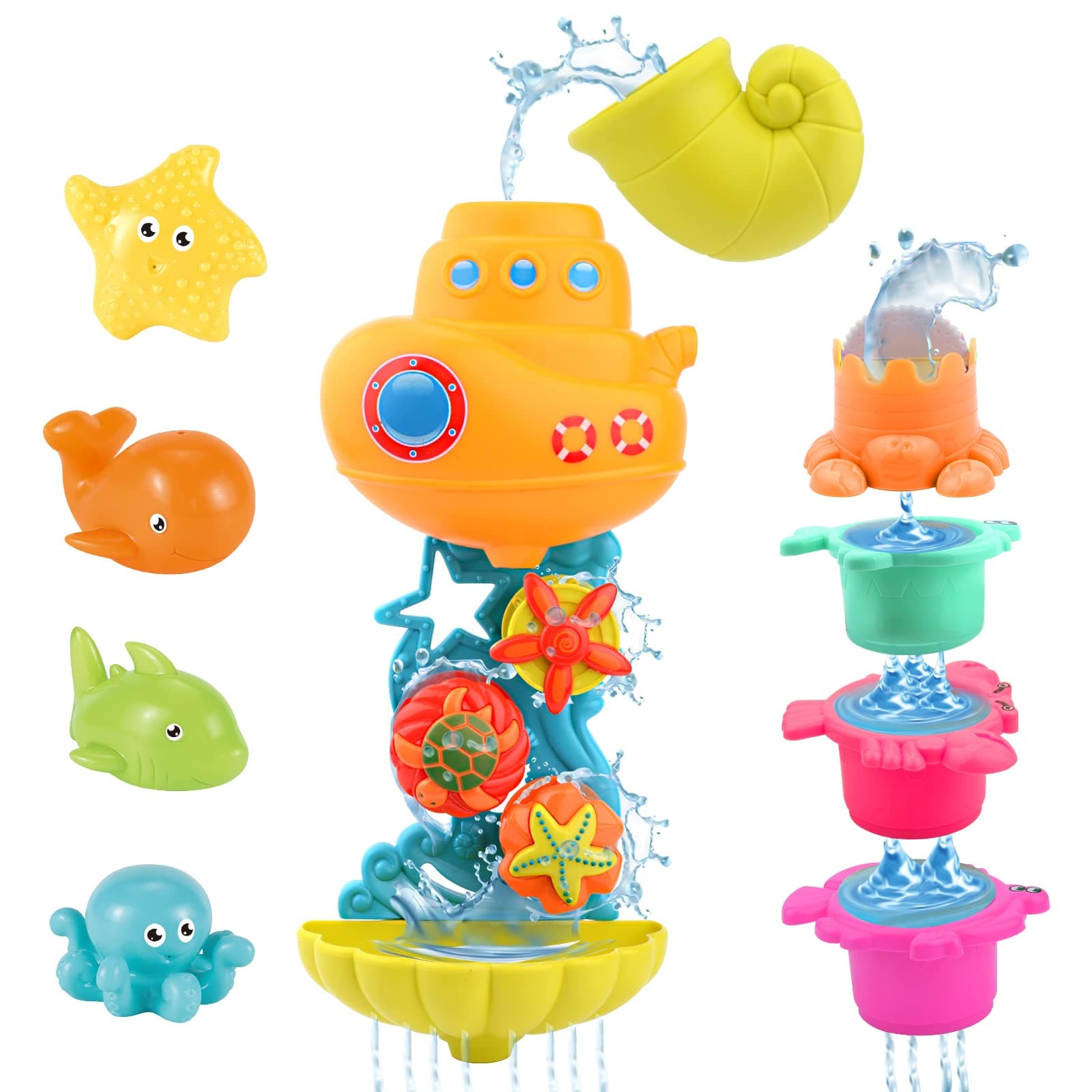 Bath Toys for Toddlers 1-3 Age 2-4, Kids Bath Toys Bathtub Toys Toddler Bath Toys Age 2-4 Age 1-2 3-4 4-5 Contains 4 Stacking Cups, 1 Conch Spoon, 4 Squeeze Dolls, Birthday Gift for Baby Girls Boys
