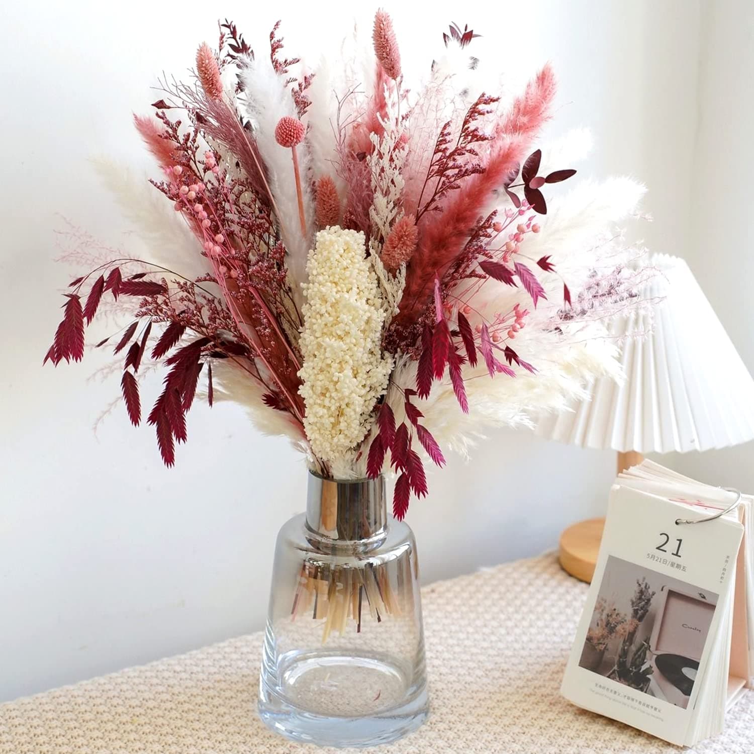 Natural Dried Pampas Grass Bouquet, Boho Home Decor Bouquet, White Pampas Grass Decor, Dried Flower Arrangement for Home Wedding Decoration Table Centerpiece,(FL-PB-006)